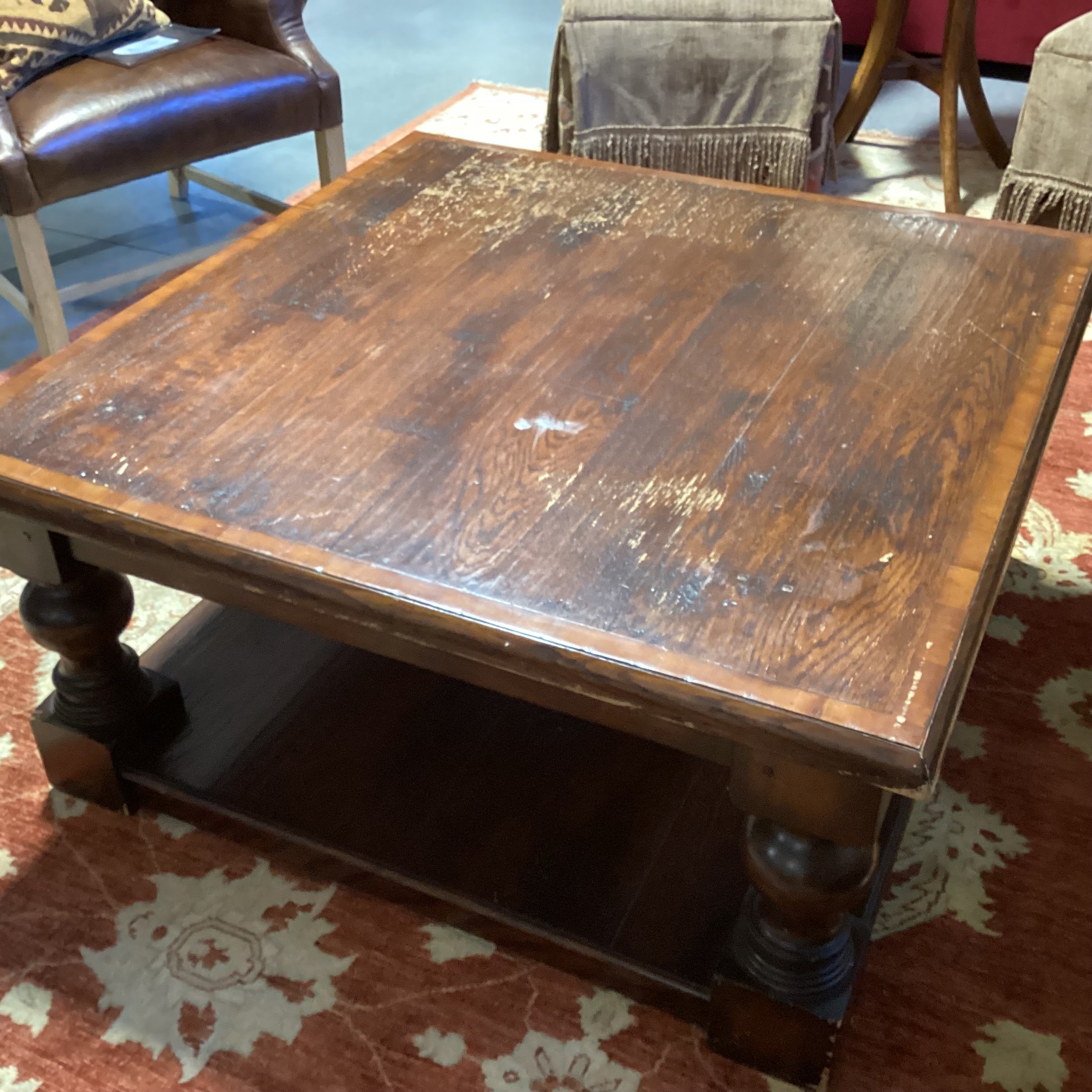 Solid Distressed Carved Wood with Bottom Shelf Square Coffee Table 42"x 42"x 20"