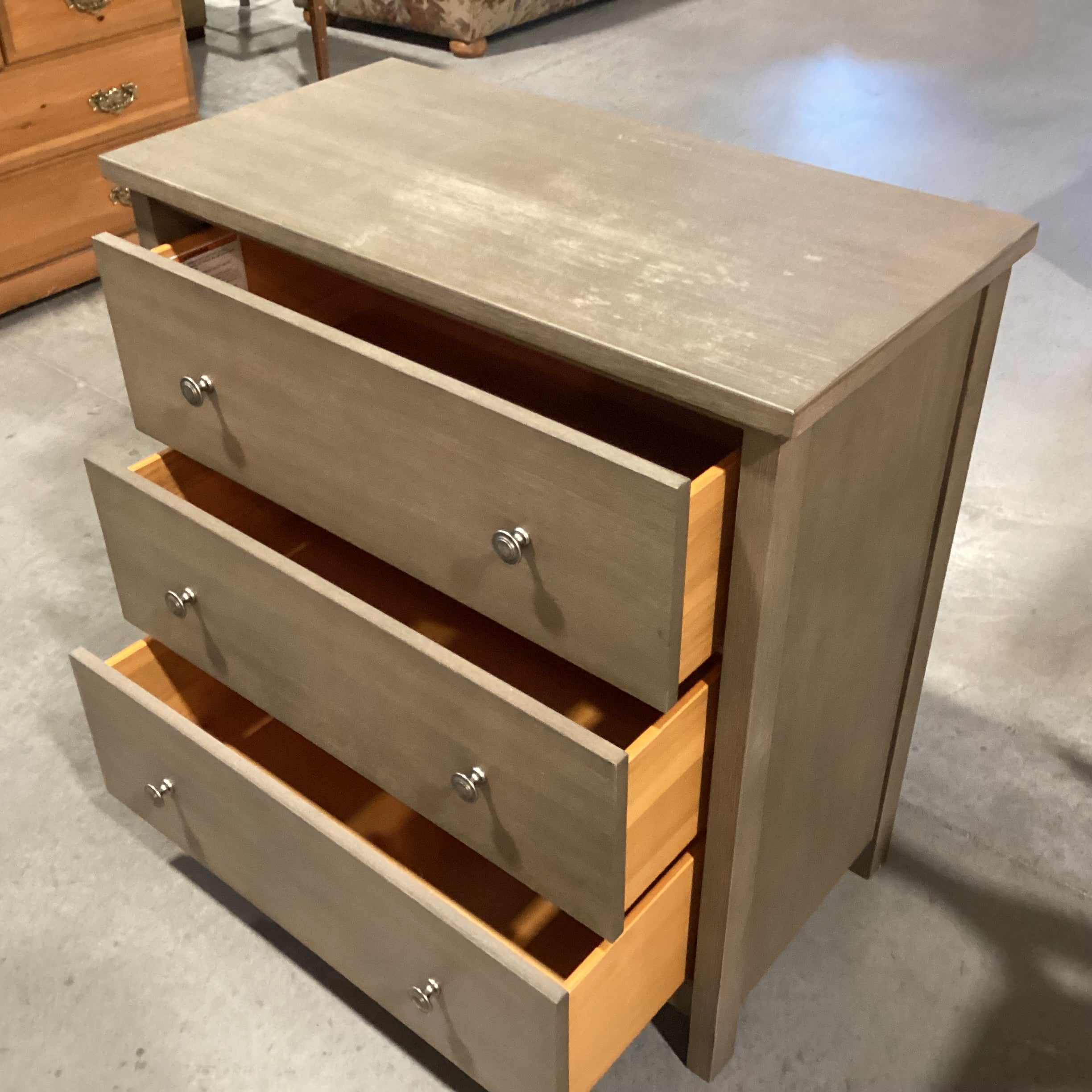 Williams Sonoma Grey Washed Finish Wood 3 Drawer Chest 32"x 16.5"x 34"