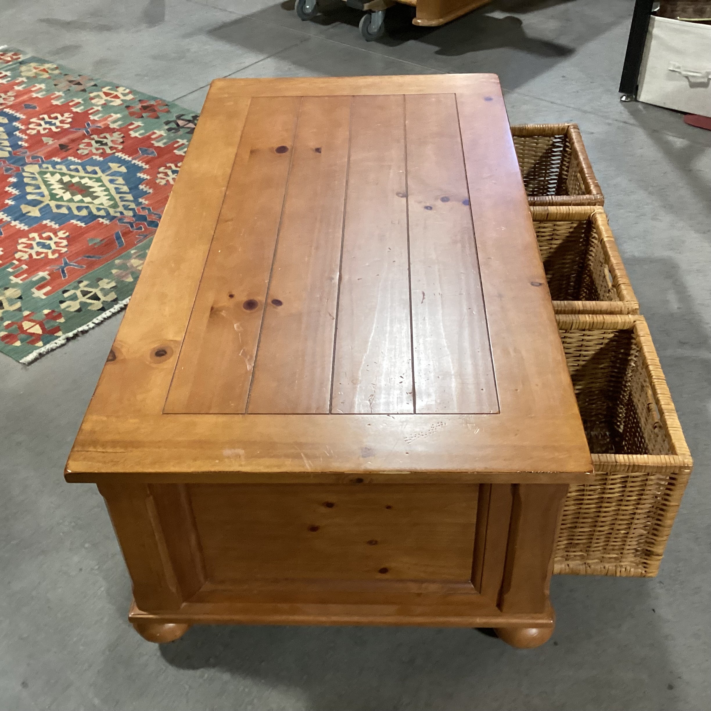 Finished Plank Wood & 3 Double Sided Basket Drawers Coffee Table 50"x 27"x 18.5"