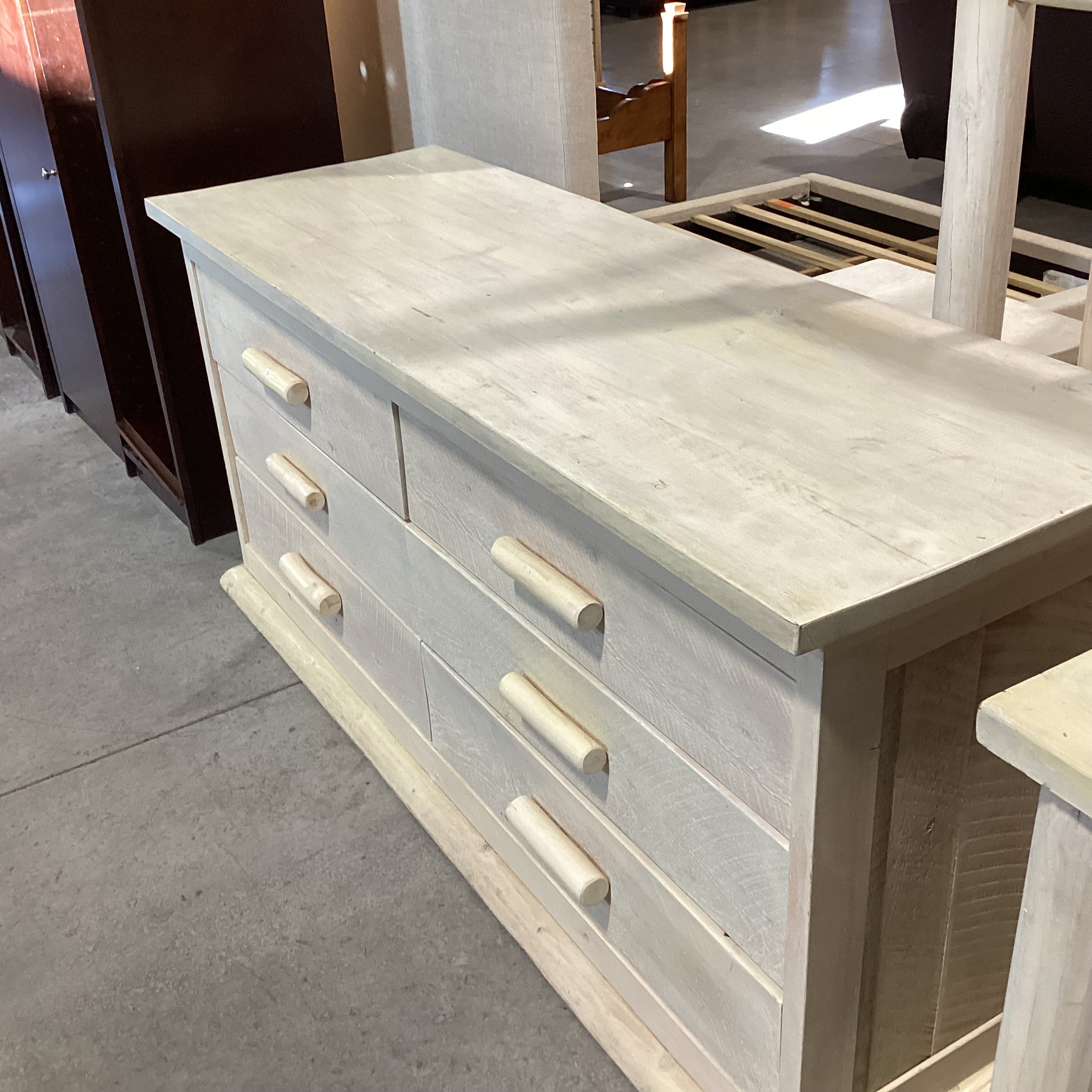 Cream Washed Wood & Log Custom 6 Drawer Dresser 80"x 27"x 37.5"