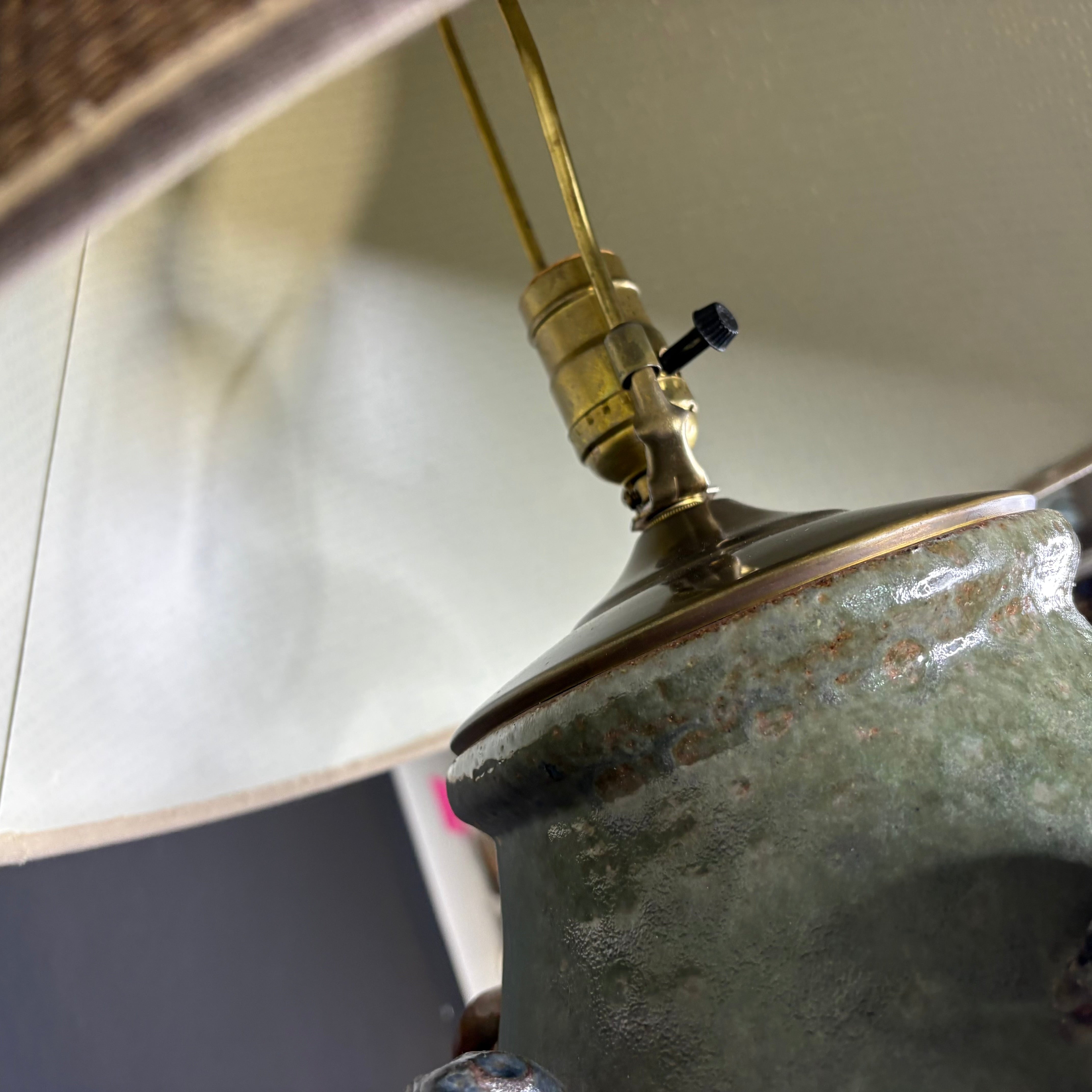 Oriental Ornate Green and Brown Glazed Ceramic Jug with Shade Table Lamp 18” Diameter @ Shade x 29”