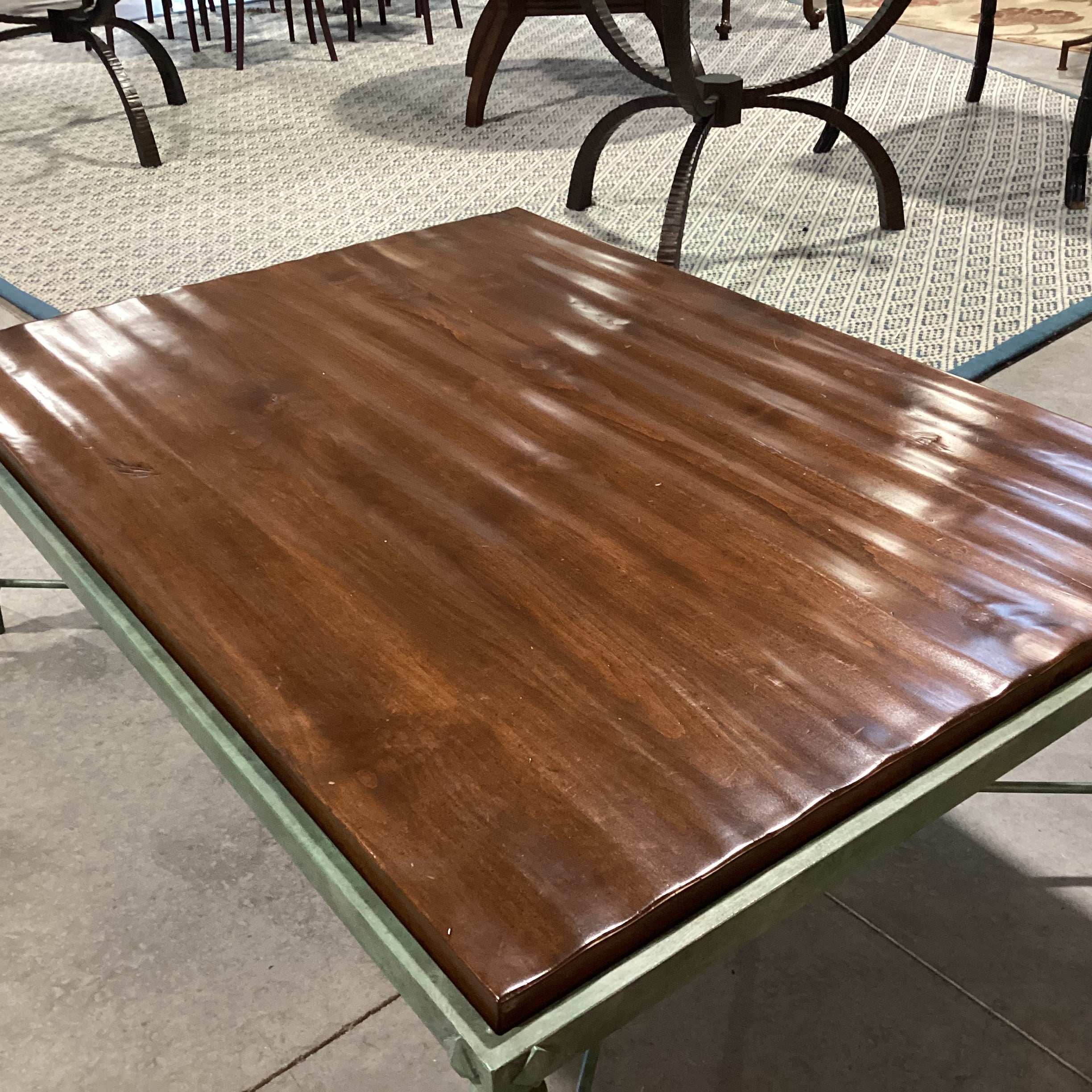 Solid Distressed Finished Plank Top & Verdigris Iron Base Coffee Table 54"x 40"x 18"