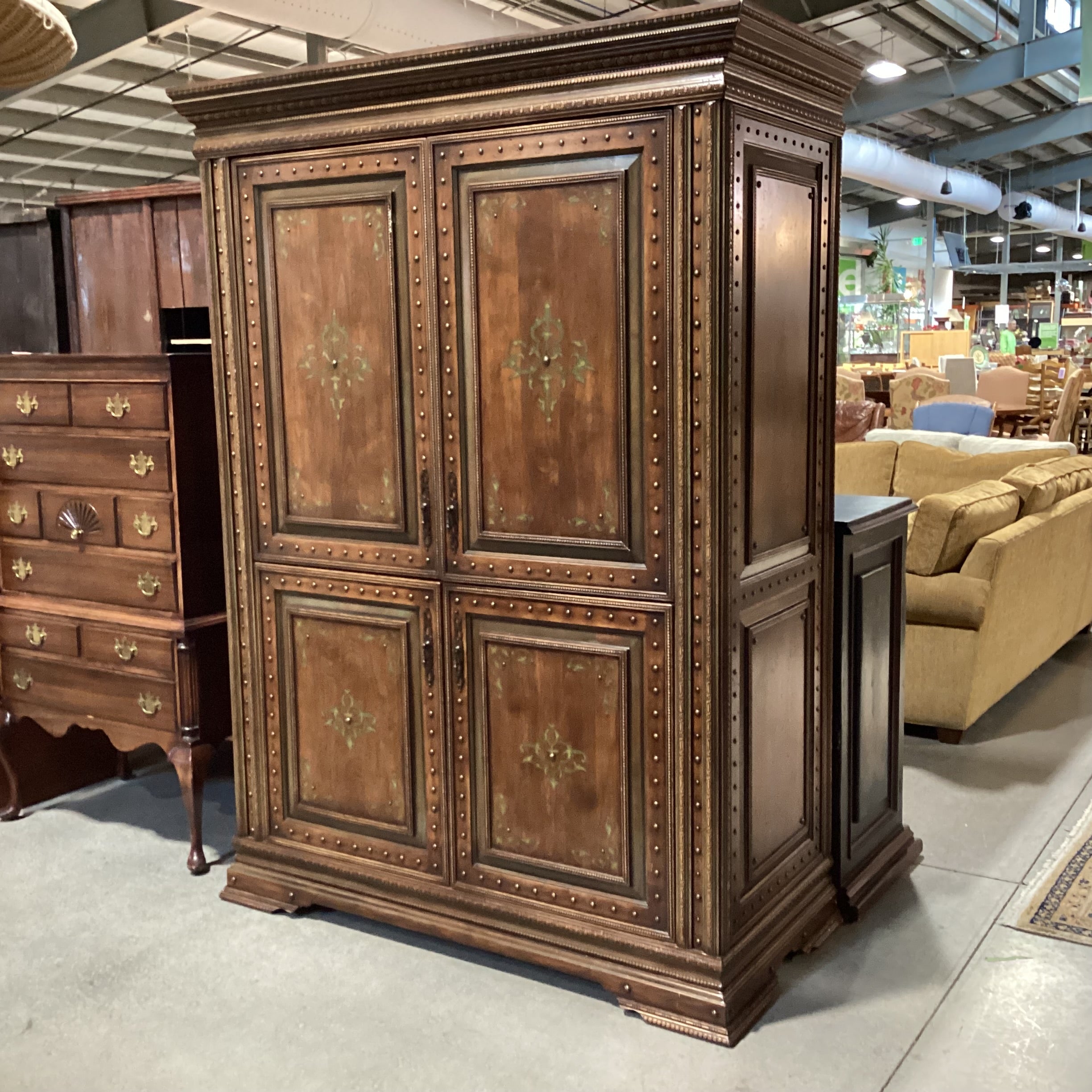 Carved Detail with Nailhead & Painted Design 4 Door Armoire
