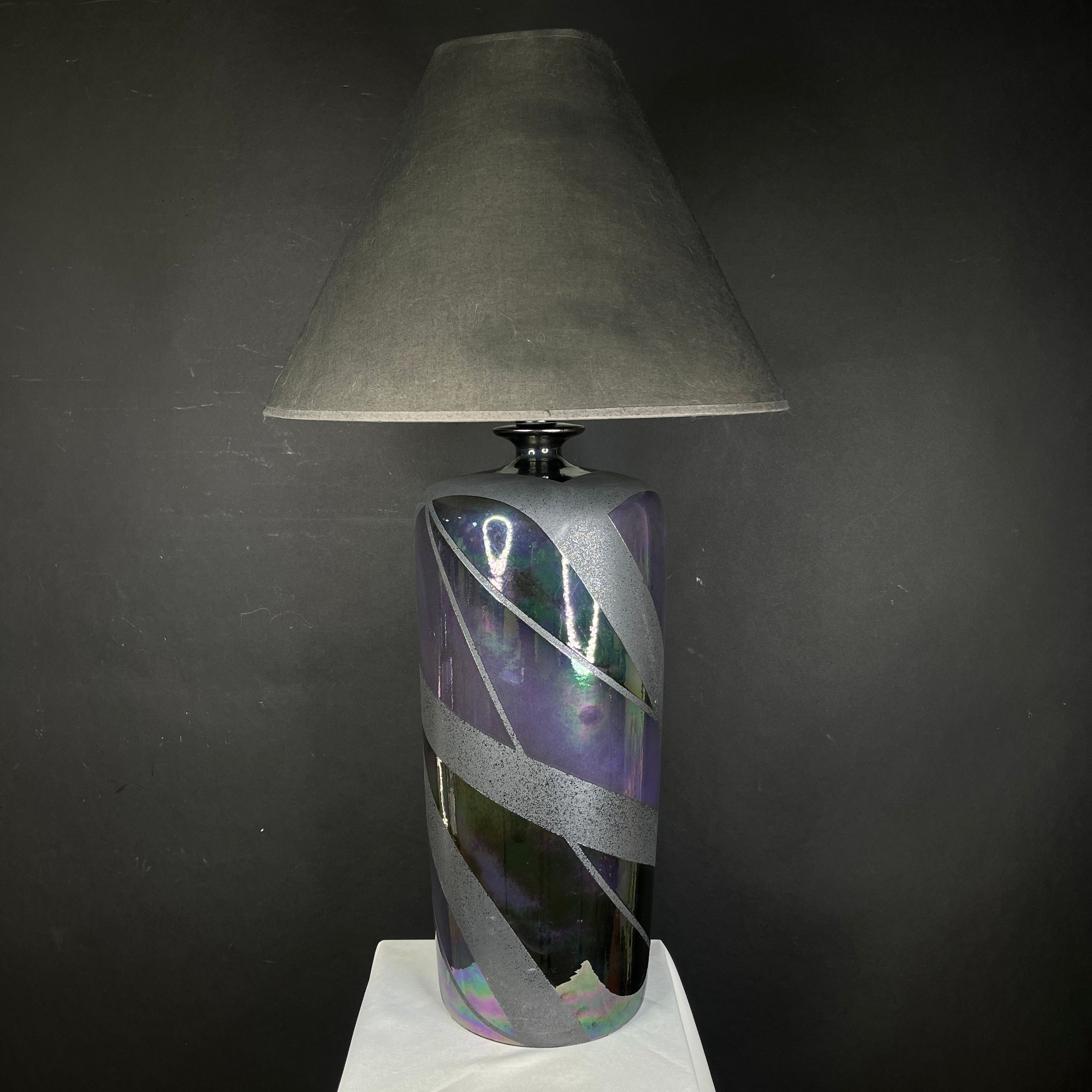 Casual Lamps 88’ Post Modern Style Iridescent and Speckled Black/Gray Geometric Pottery with Shade Table Lamp 19.5” Diameter @ Shade x 38”