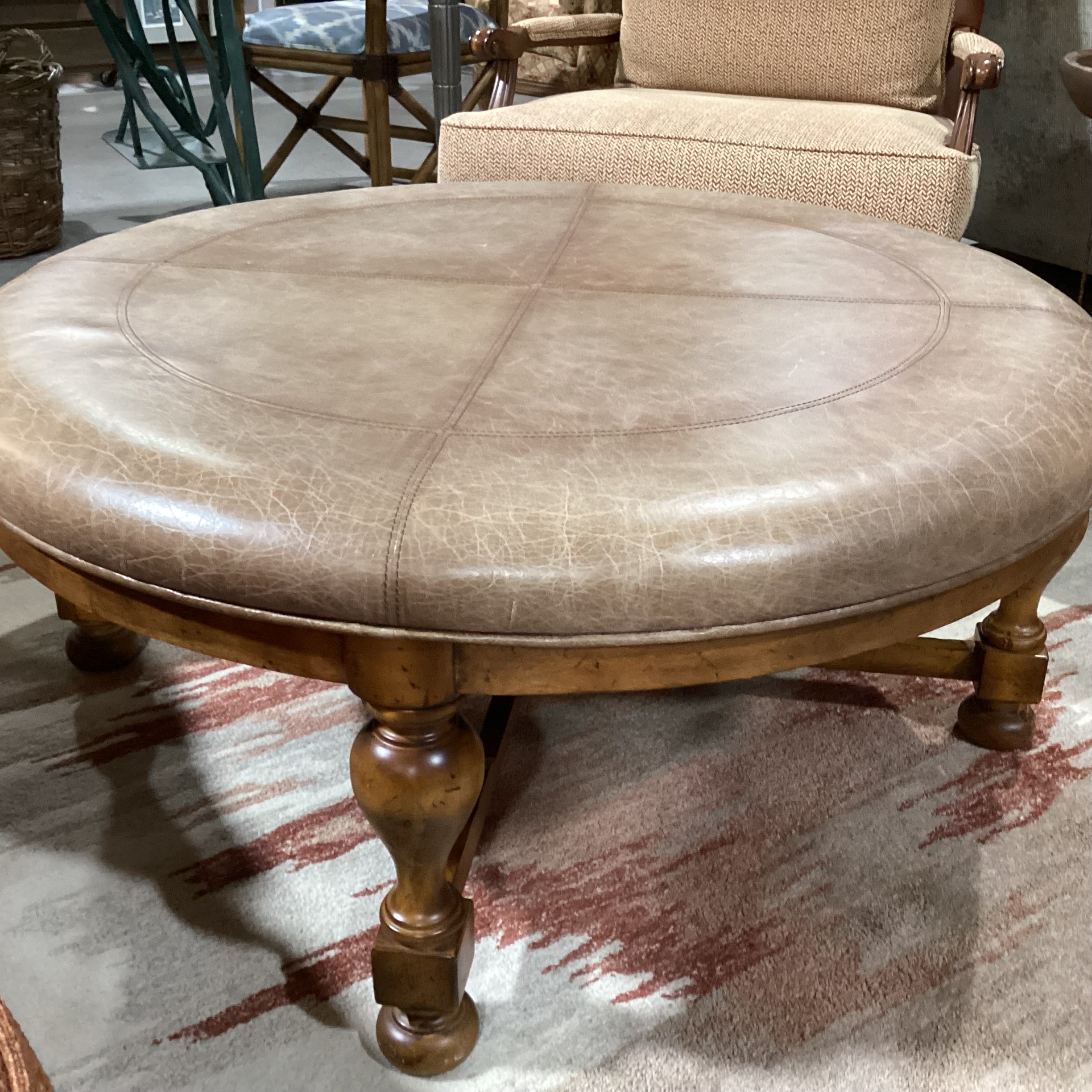 Carved Wood & Distressed Leather Round Ottoman 45" Diameter x 19.5"