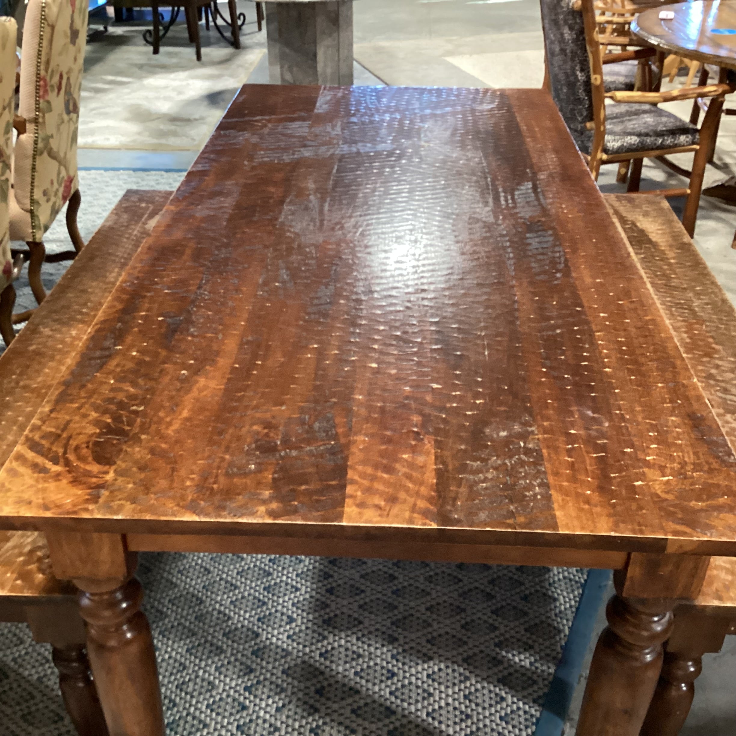 Divet Textured Distressed Solid Wood Table with 2 Benches Dining Set 82"x 38"x 30"