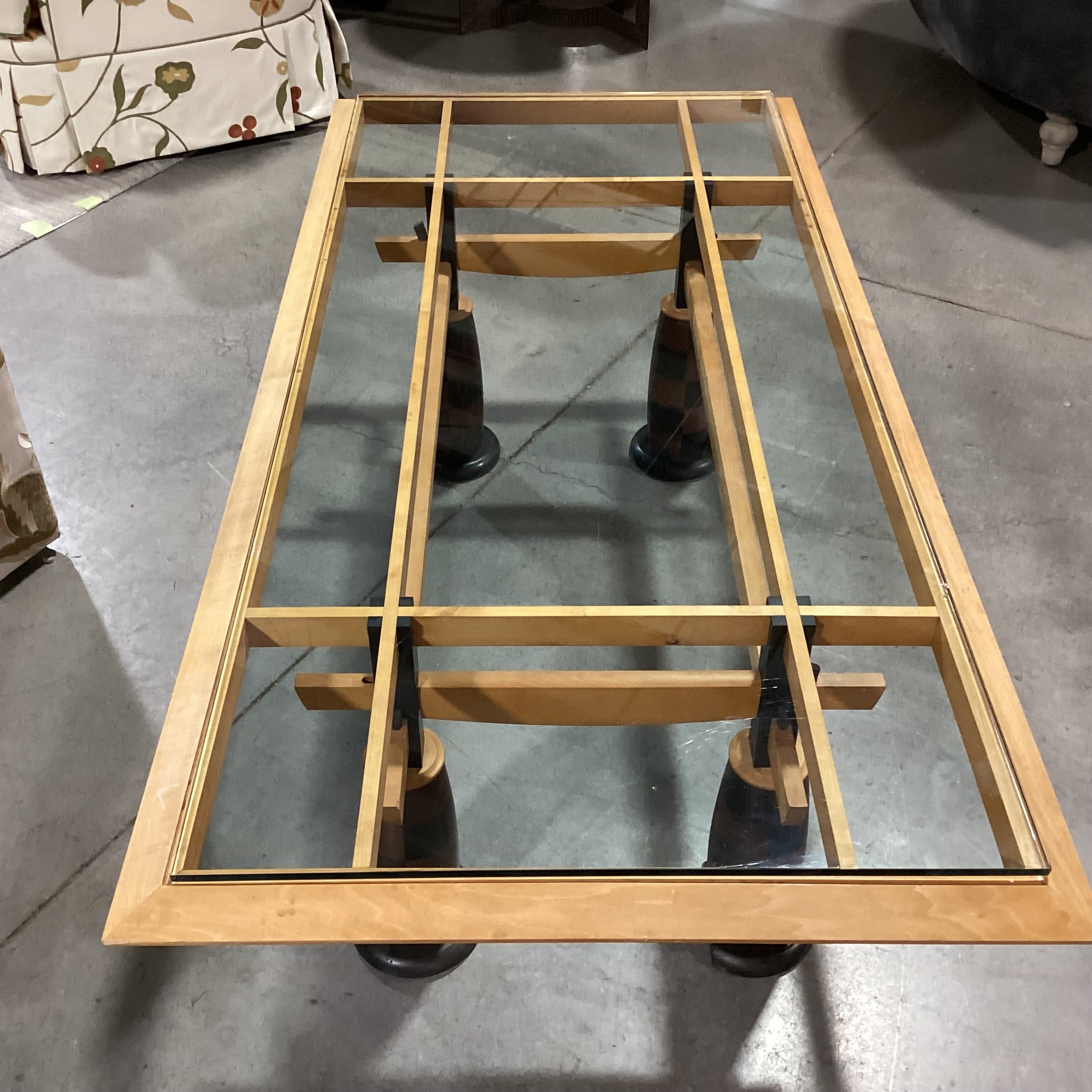 Vintage Mid Century Modern Wood & Glass with Checker Board Pattern Legs Coffee Table 59"x 28"x 19"