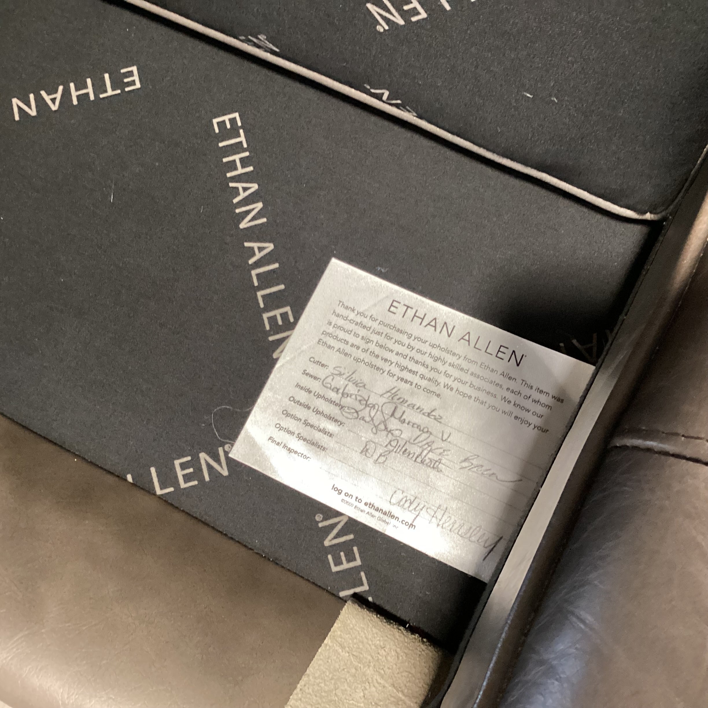 Ethan Allen Modern Grey Grid Stitched Leather Sofa 87"x 36"x 29"