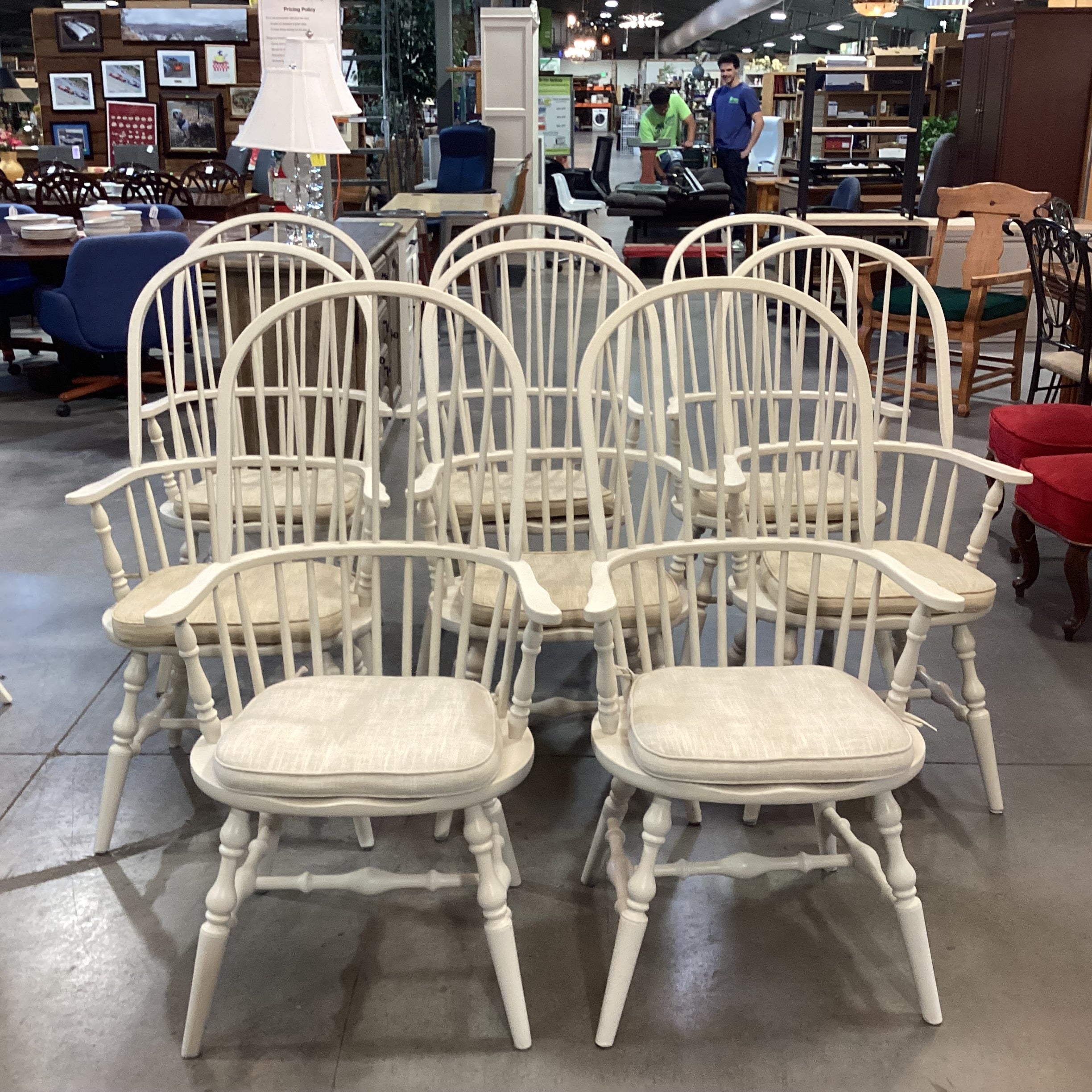 SET of 8 Vintage Windsor Cream Carved Wood Armed Dining Chairs 24"x 24"x 45"