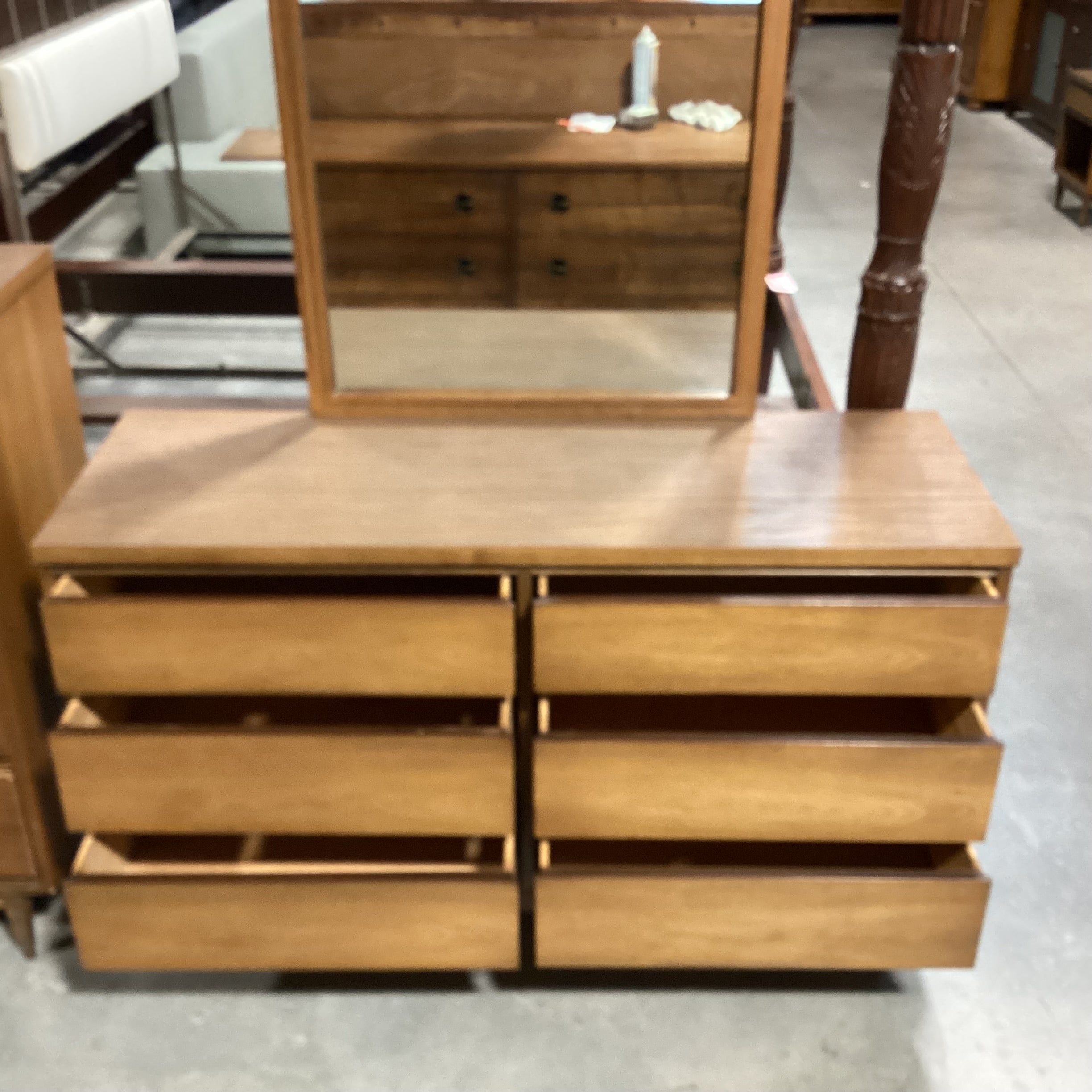 Mid Century Walnut & Veneer 6 Drawer with Mirror Dresser 52"x 18"x 72"