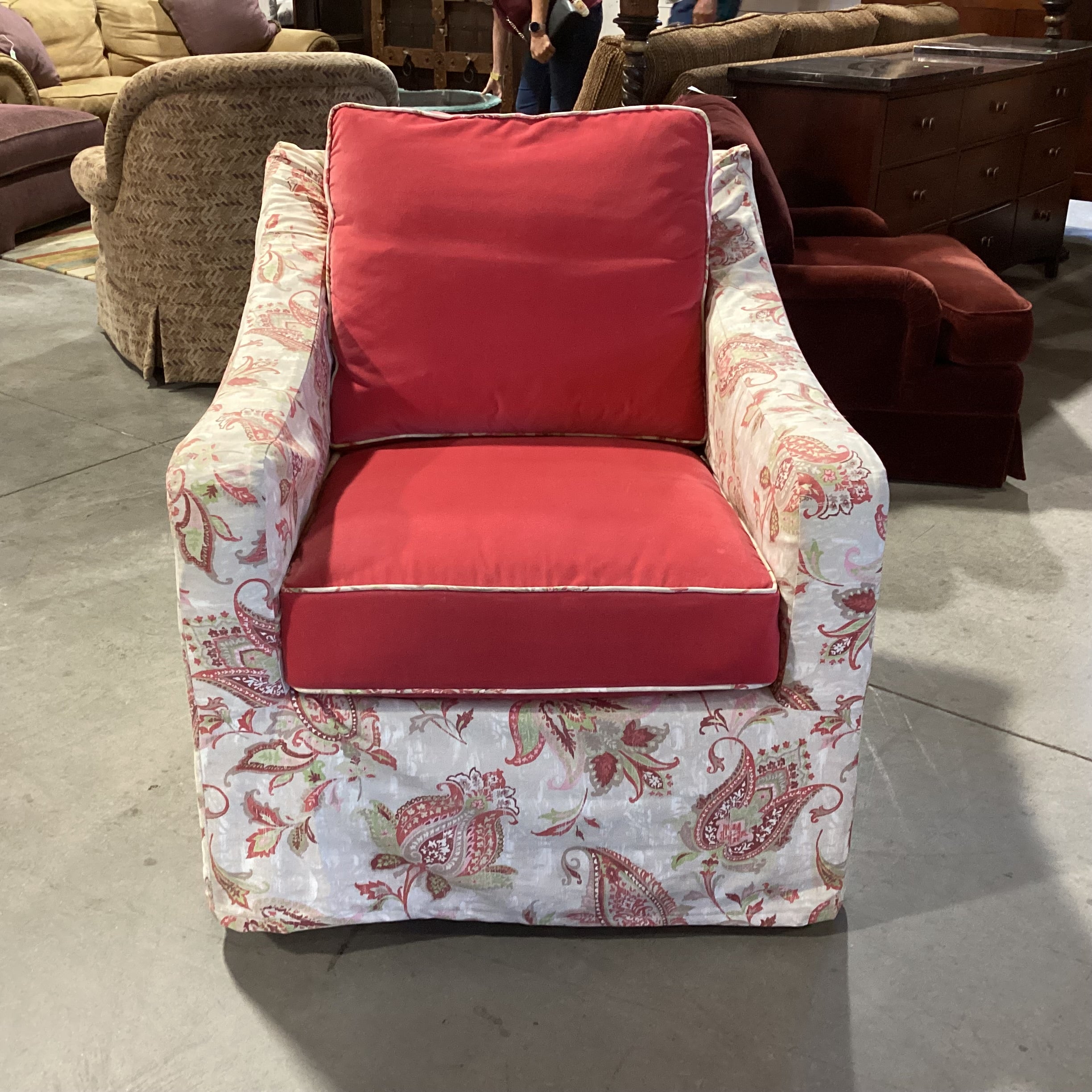 Salmon Pink Velvet with Linen Paisley Slipcover Down Mix Swivel Chair 32"x 39"x 33"