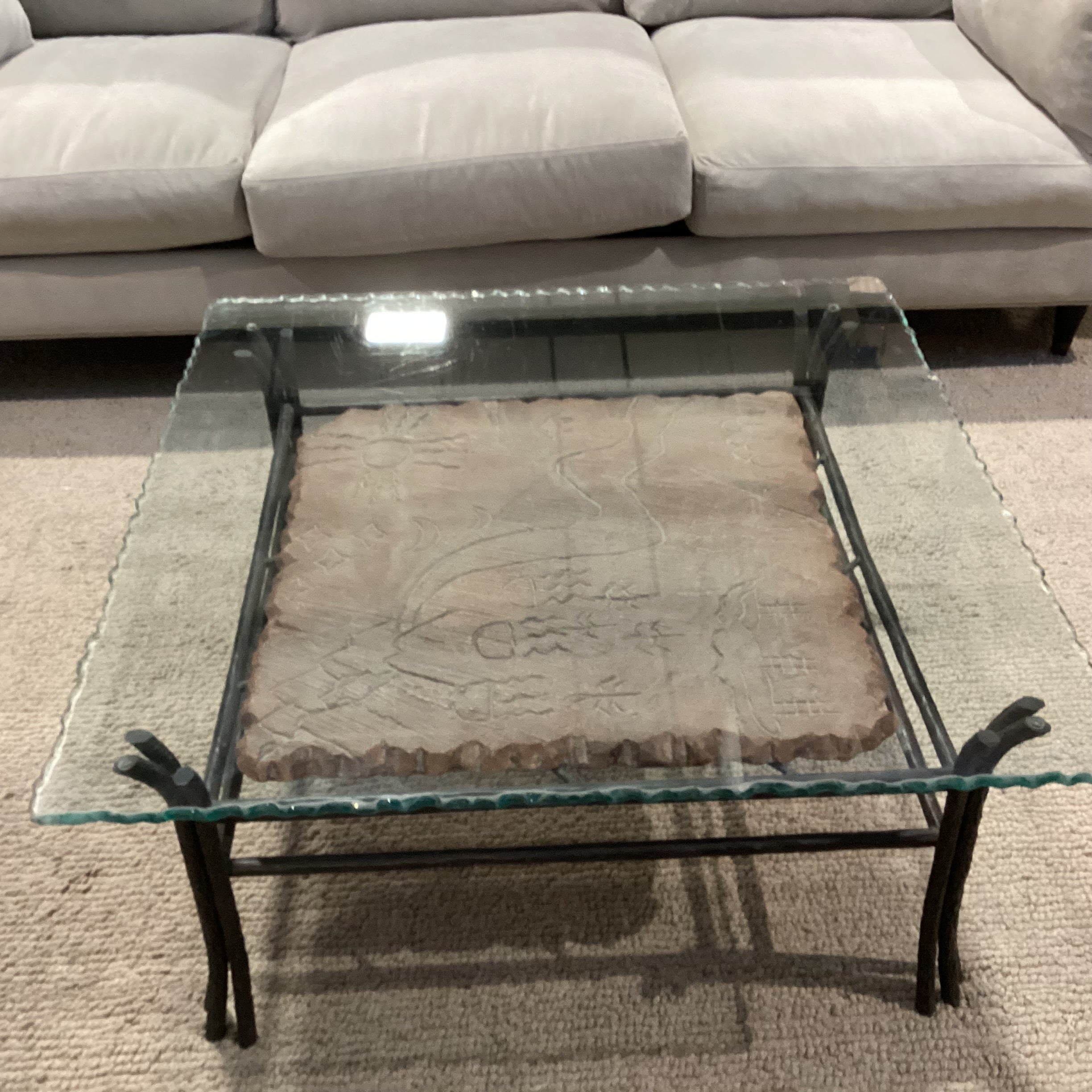Wrought Iron Carved Scene on Stone & Live Edge Glass Coffee Table 38"x 38"x 17"