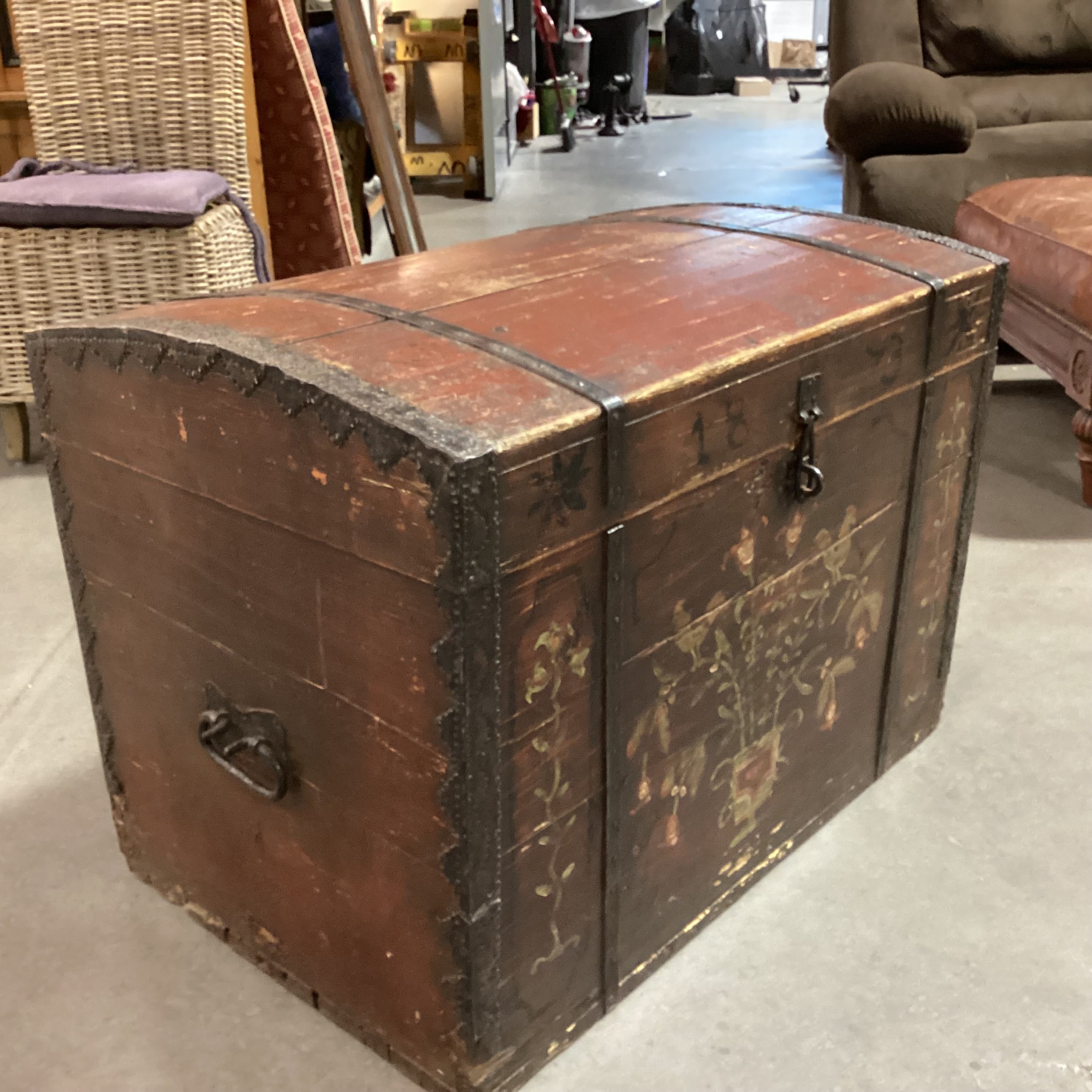 Antique 1873 Red with Floral Hand Painted Wood & Iron Trunk 34"x 24"x 25"