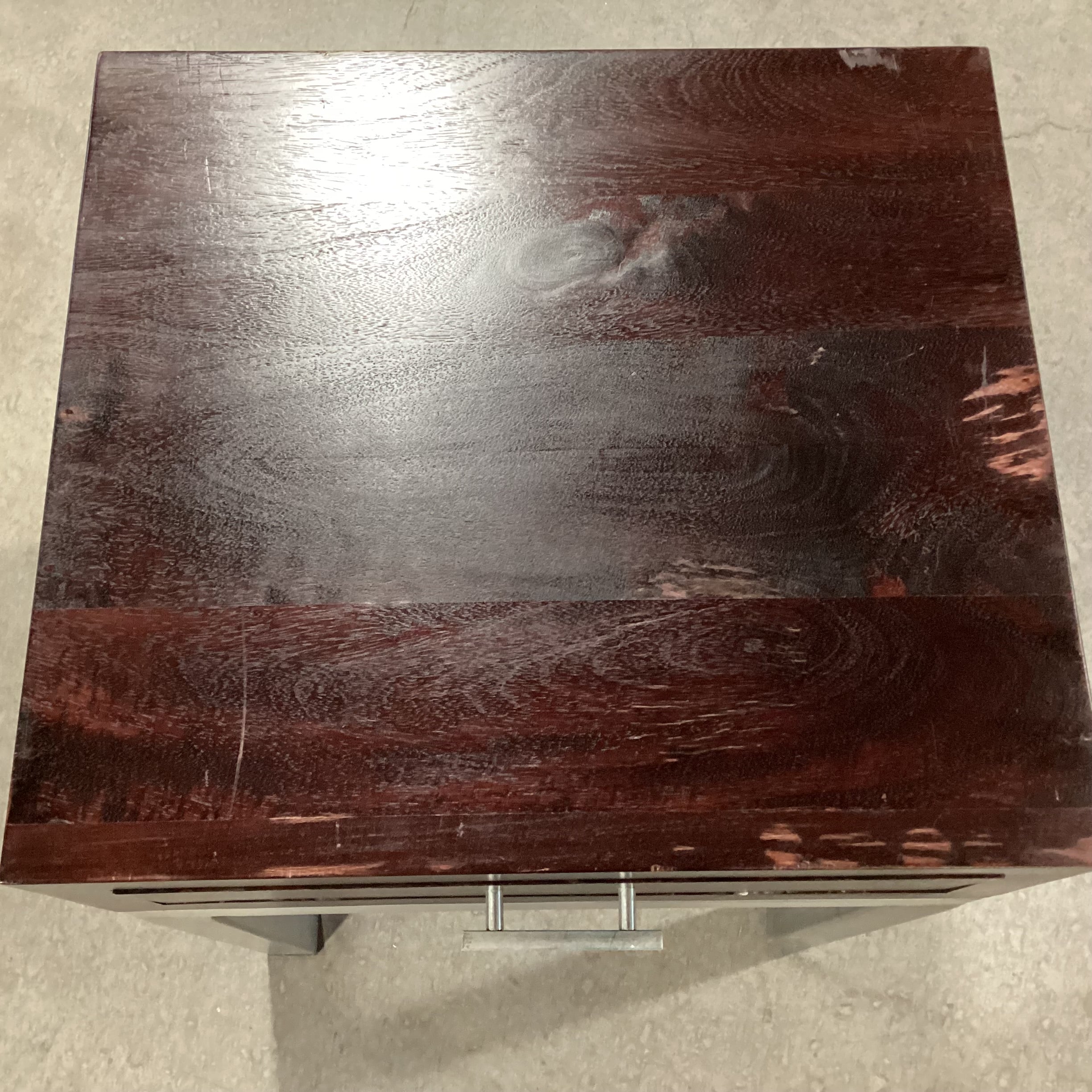 Dark Distressed Wood & Square Bar Steel Base 1 Drawer End Table 20"x 19"x 26.5"