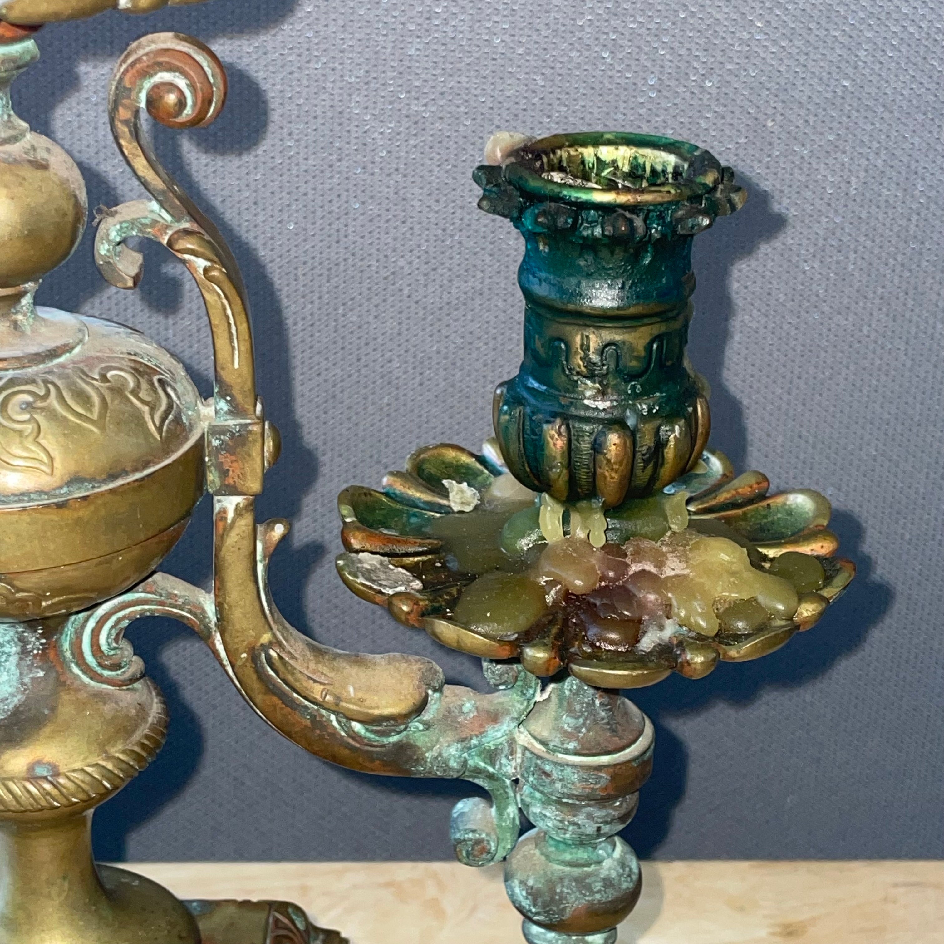 Antique French Empire Style Elaborate Brass/Bronze Candelabras, Pair, 10.25"x 4.25"x 15"