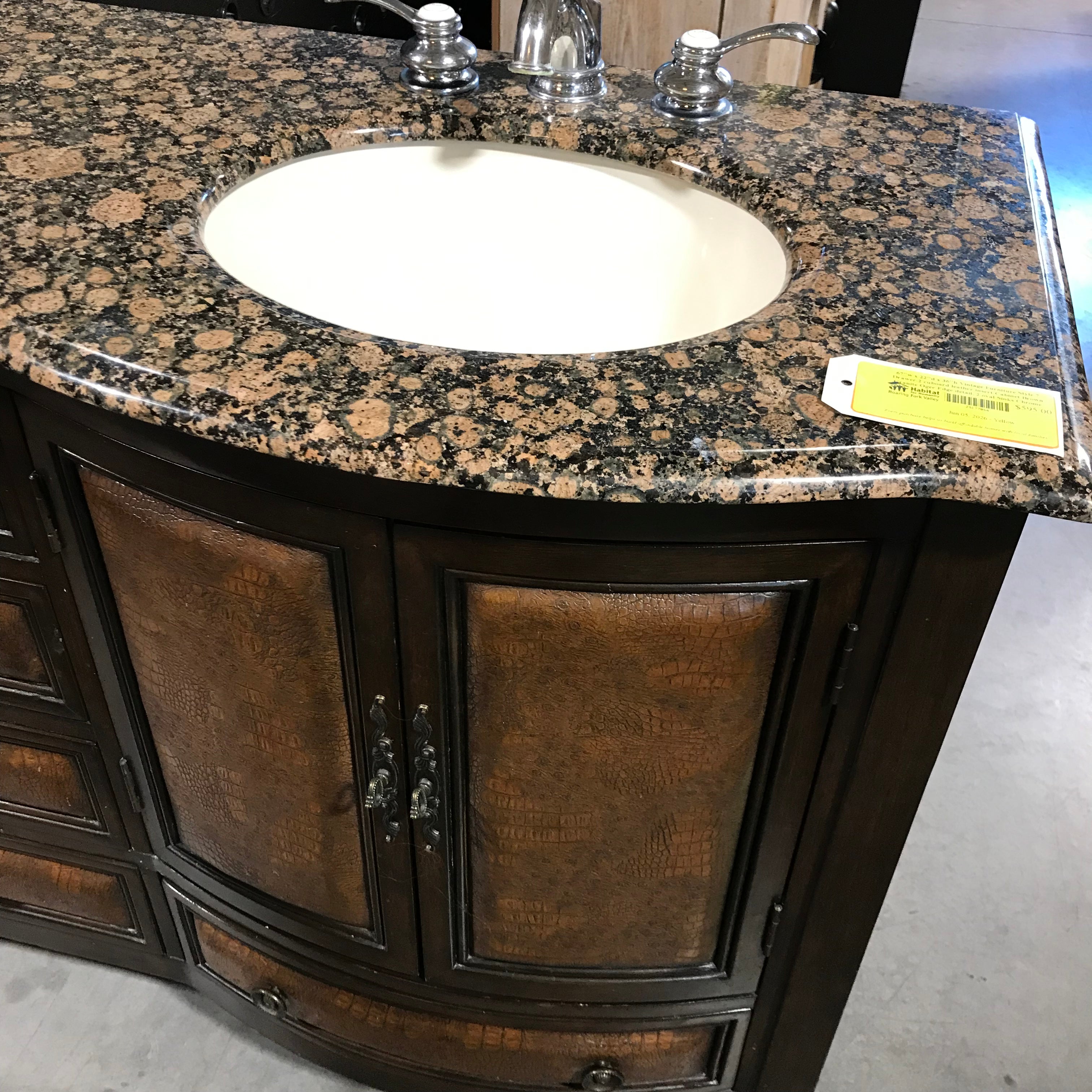 67"w x 22"d x 36"h Vintage Furniture Style 7 Drawer-2 cuboard leather insert Cabinet Brown Granite Ogee Edge detail, 2 oval Sinks Chrome Fixtures Vanity