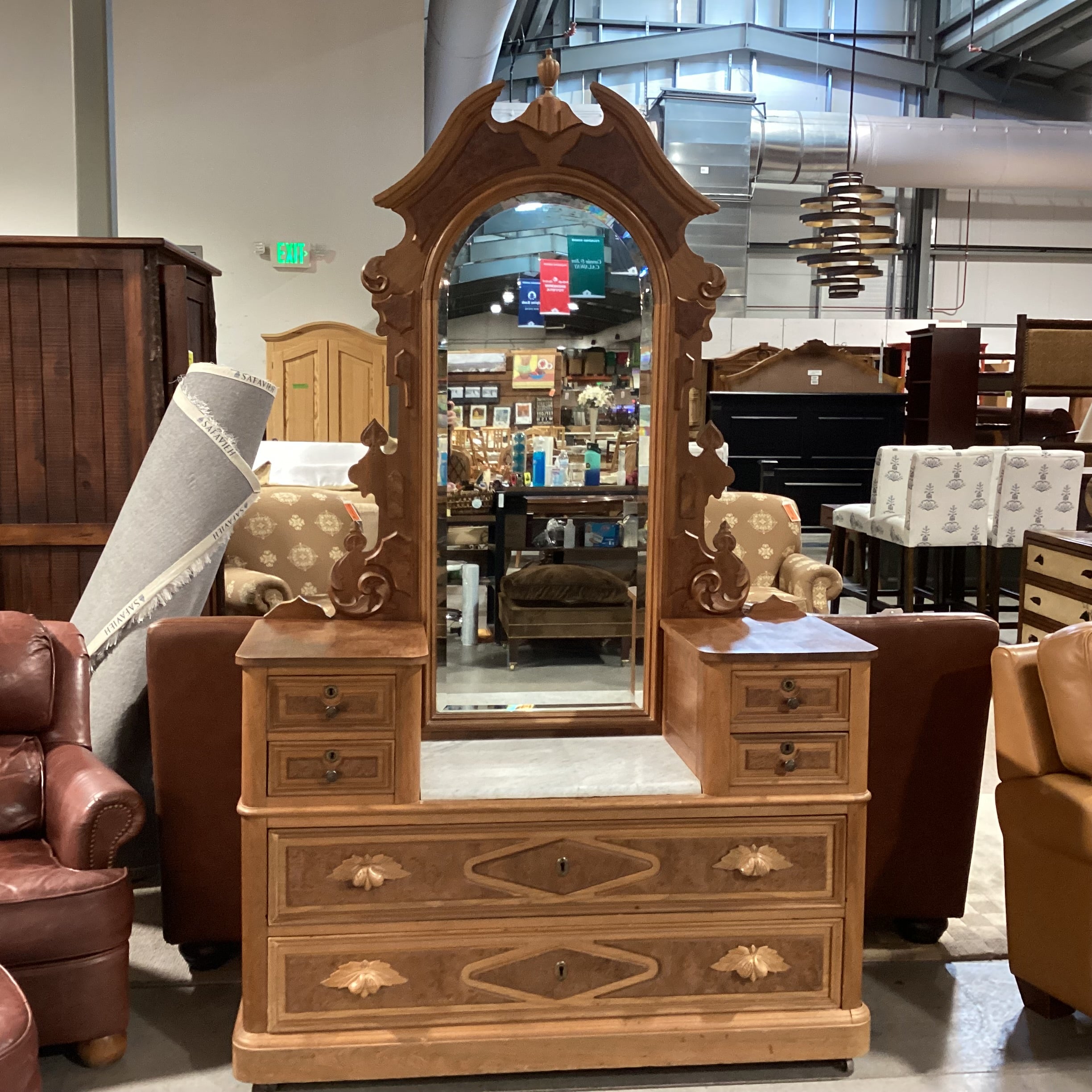 Antique Carved Wood with Mirror 4 Drawer & Marble Top Center Vanity Chest Dresser 52"x 20"x 87"