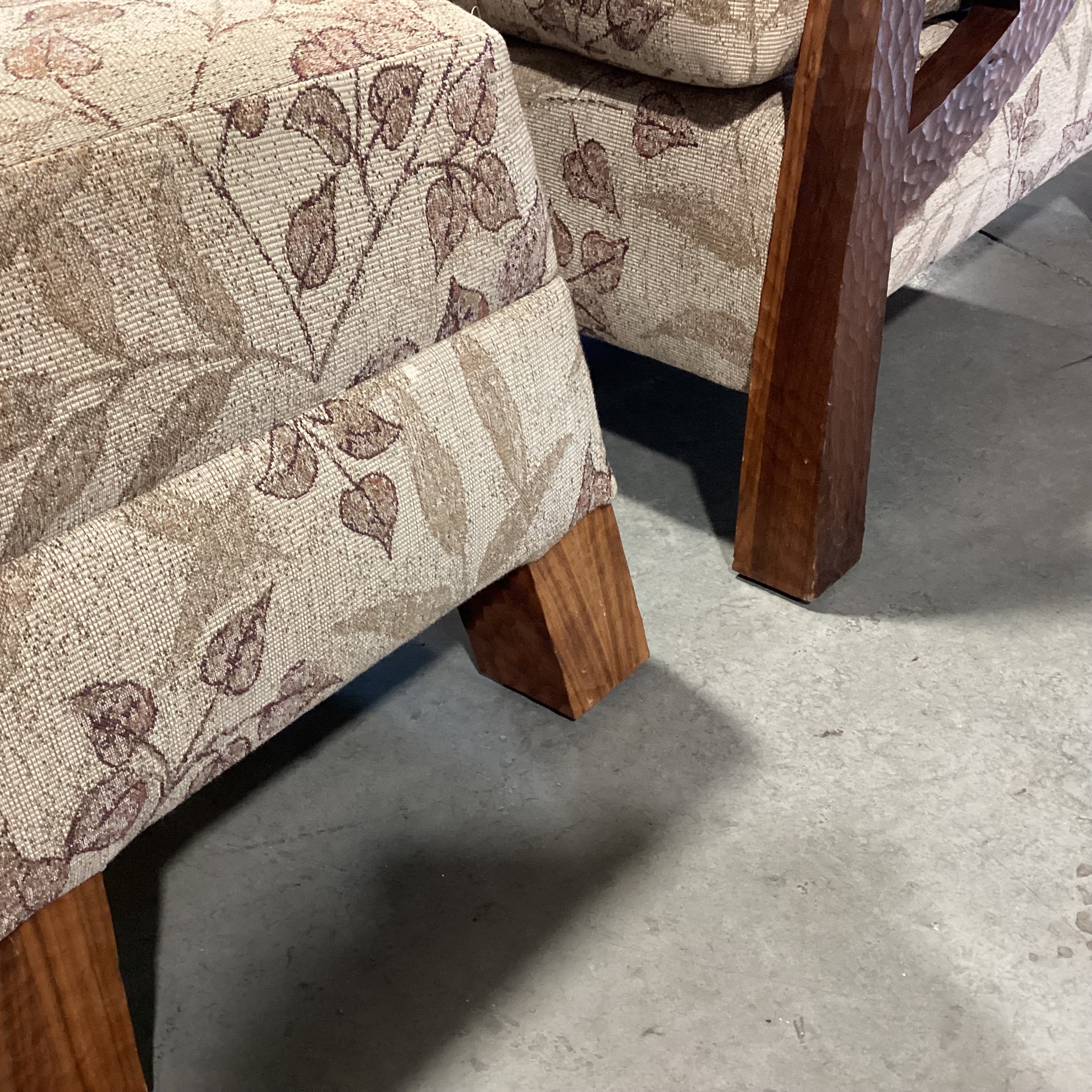 Arts & Crafts Style Carved Wood Divet & Branch Detail Brown & Tan Leaf Upholstered with Ottoman Chair 27"x 38"x 36"