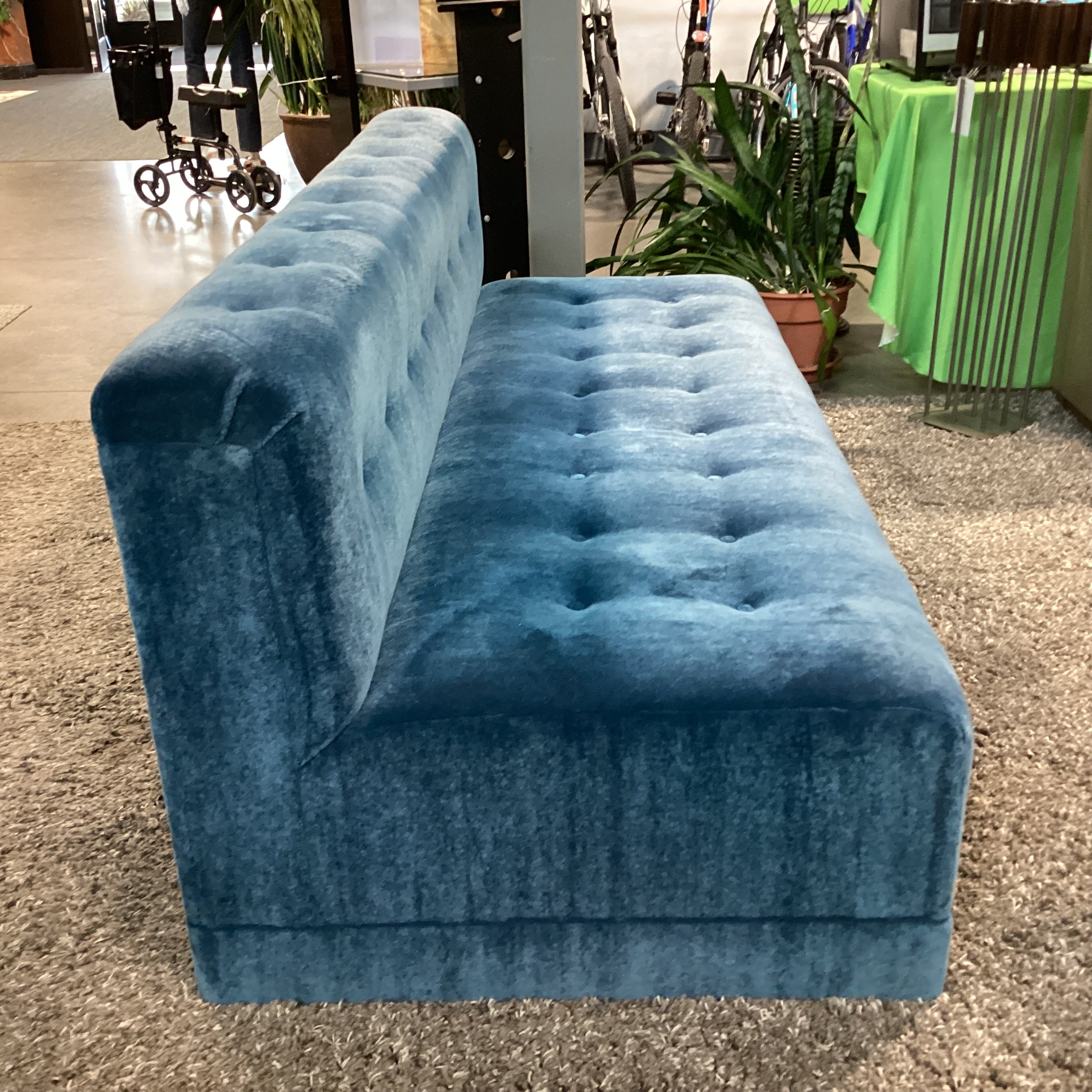 Custom Blue Teal Mohair with Button Tufting Armless Sofa 75"x 35"x 32"