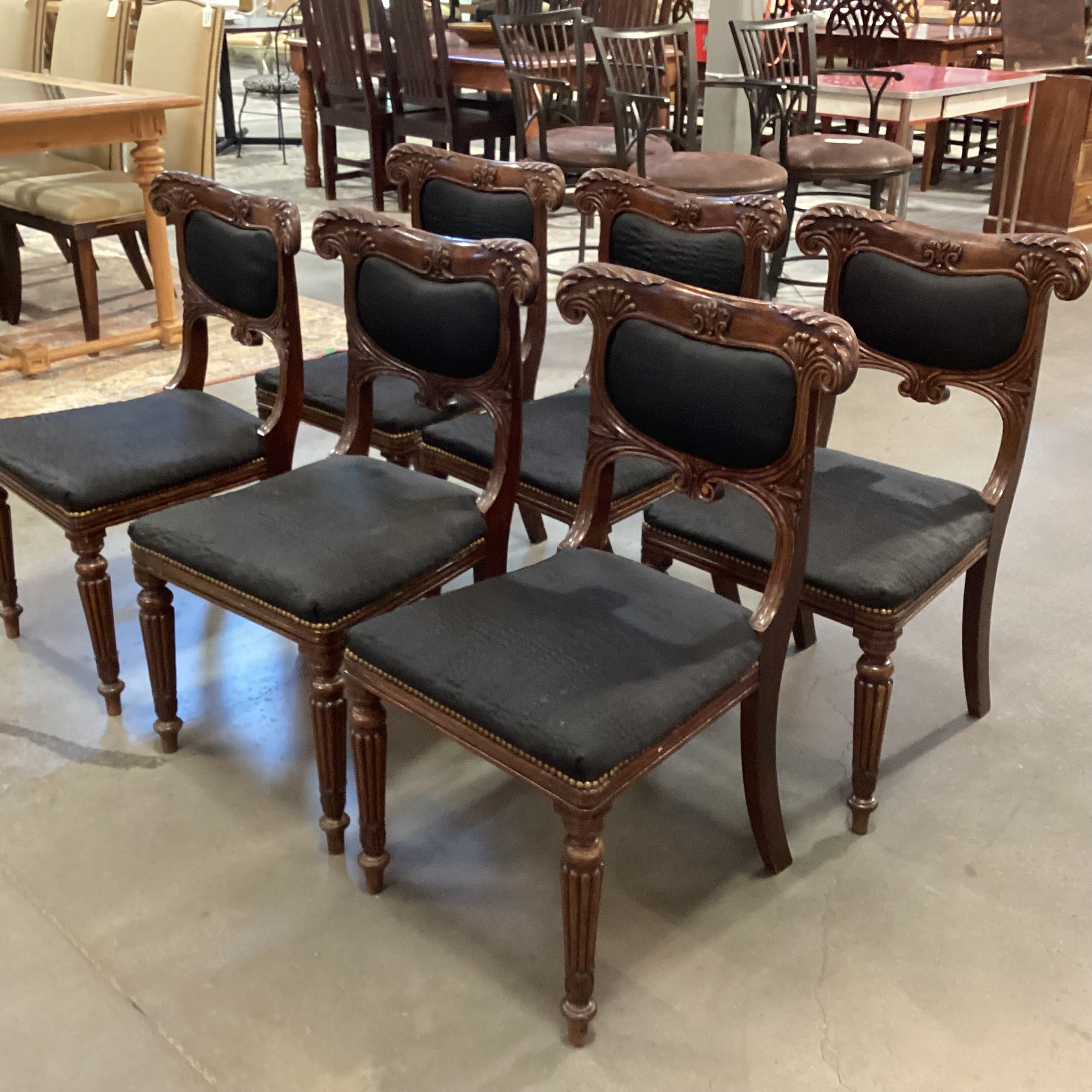 SET of 6 Antique Carved Wood & Black Upholstered Nailhead Dining Chairs 20"x 20"x 33.5"