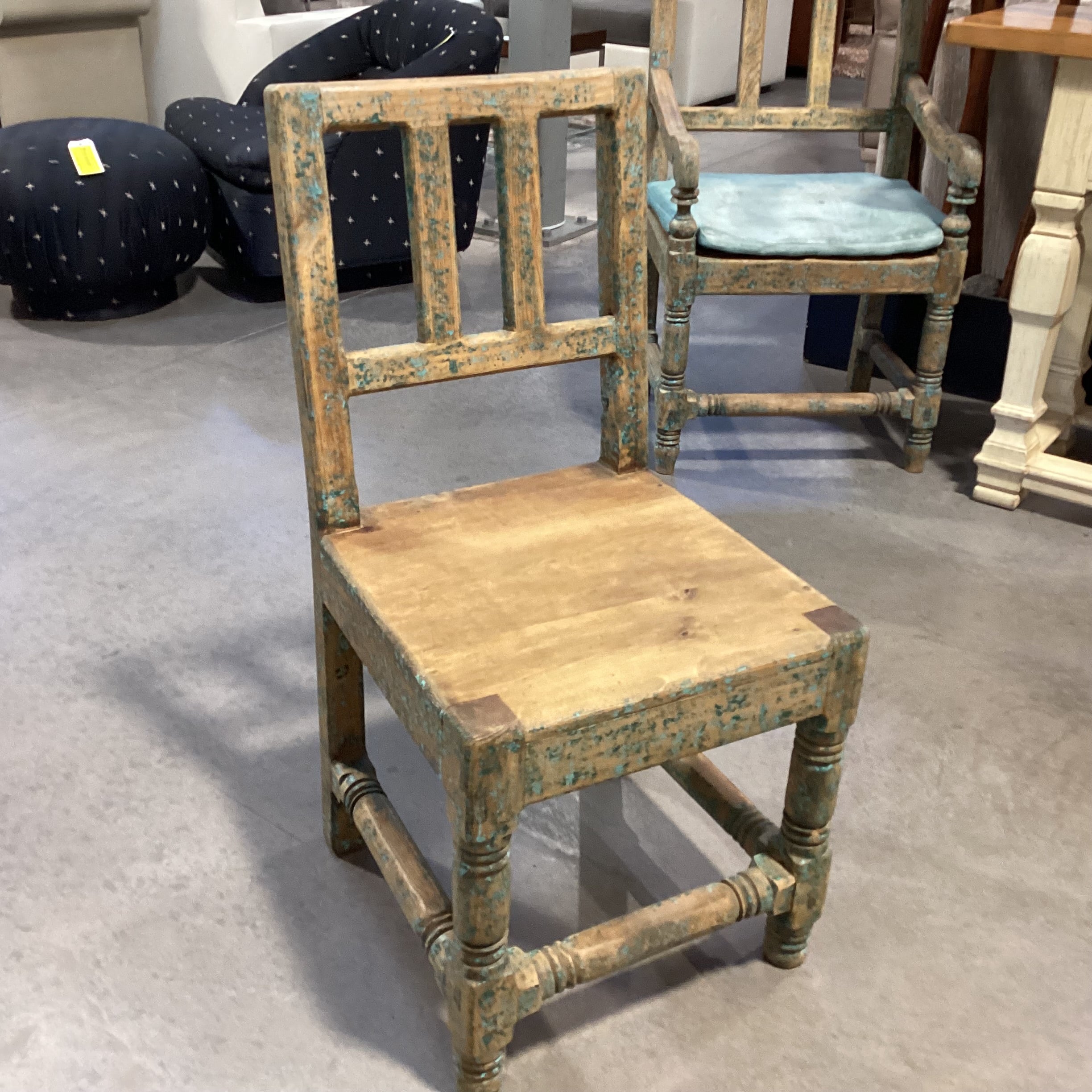 Santa Fe Style Carved Wood with Teal Distressing Chair 18"x 21"x 37"