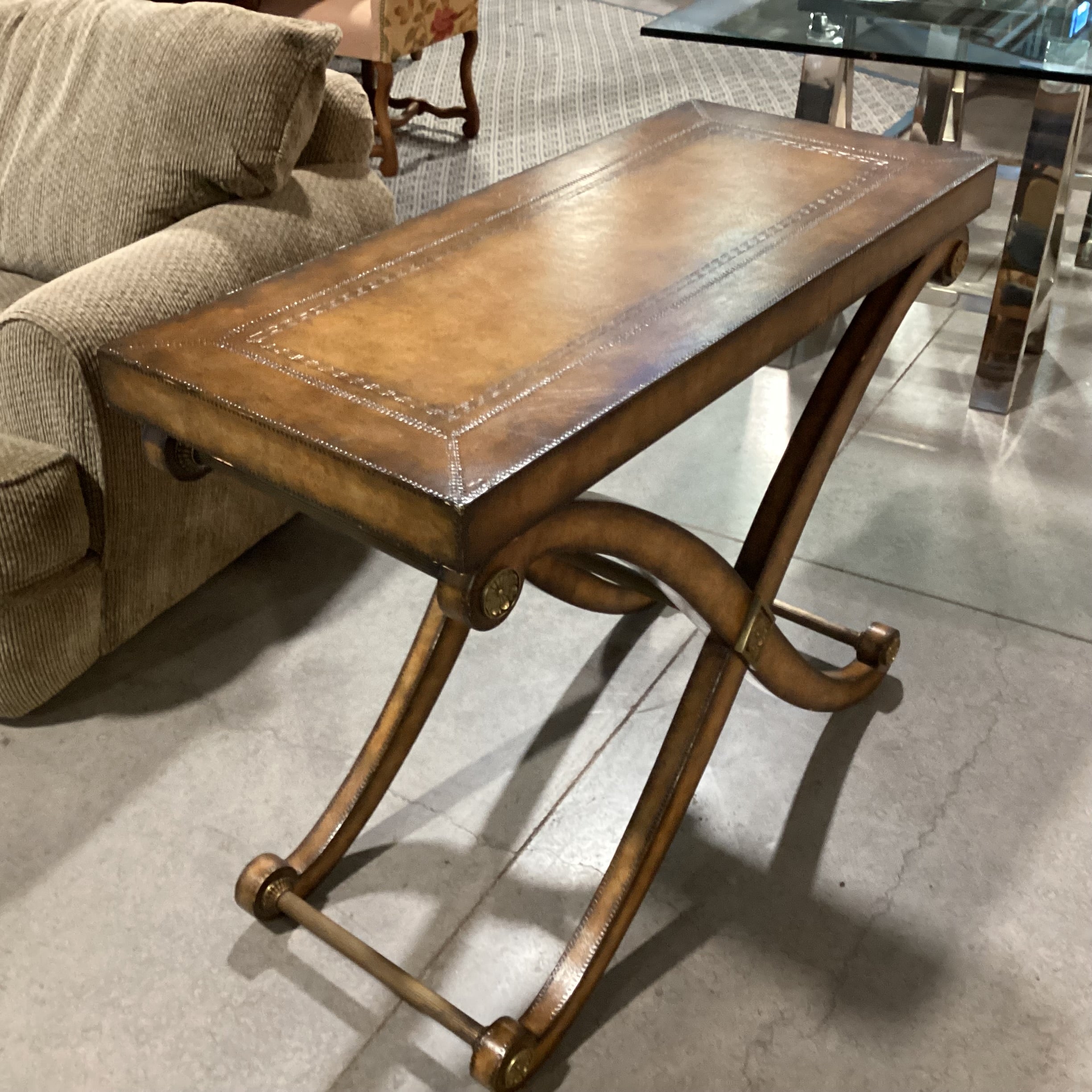 Kreiss Neoclassical Leather with Stitched Accent & X Base Antiqued Brass Stretches Console Sofa Table 40"x 18"x 32.5"
