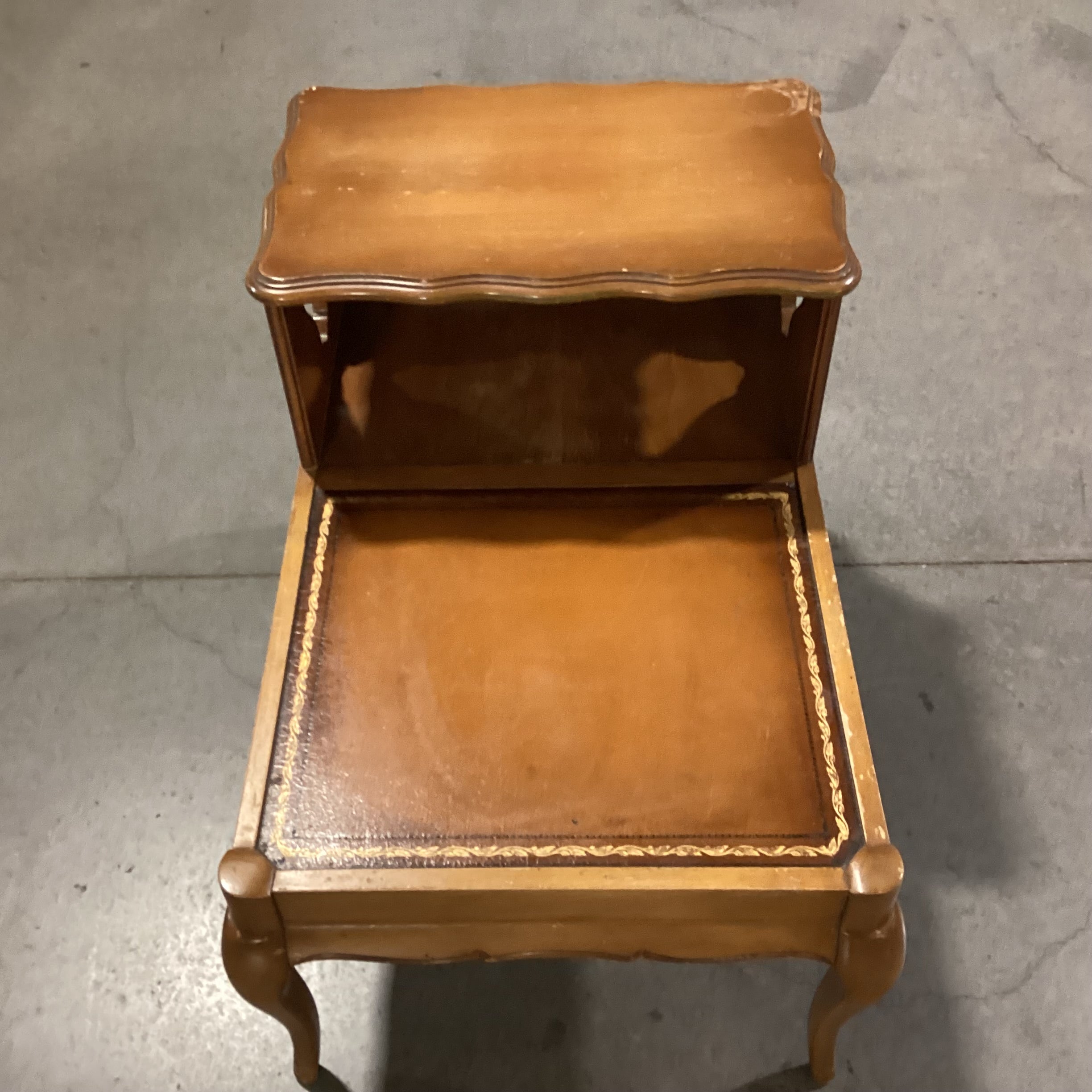 Mid Century Carved Wood & Leather Top with Cubby End Table21"x 32"x 24.5"