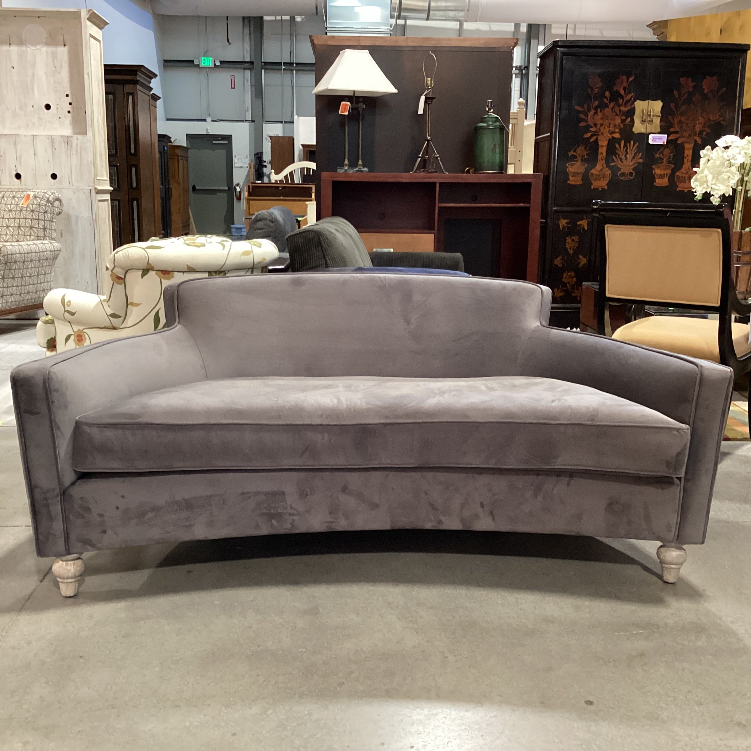 Grey Plush Velvet with French Washed Oak Feet Curved Sofa 70"x 41"x 29"