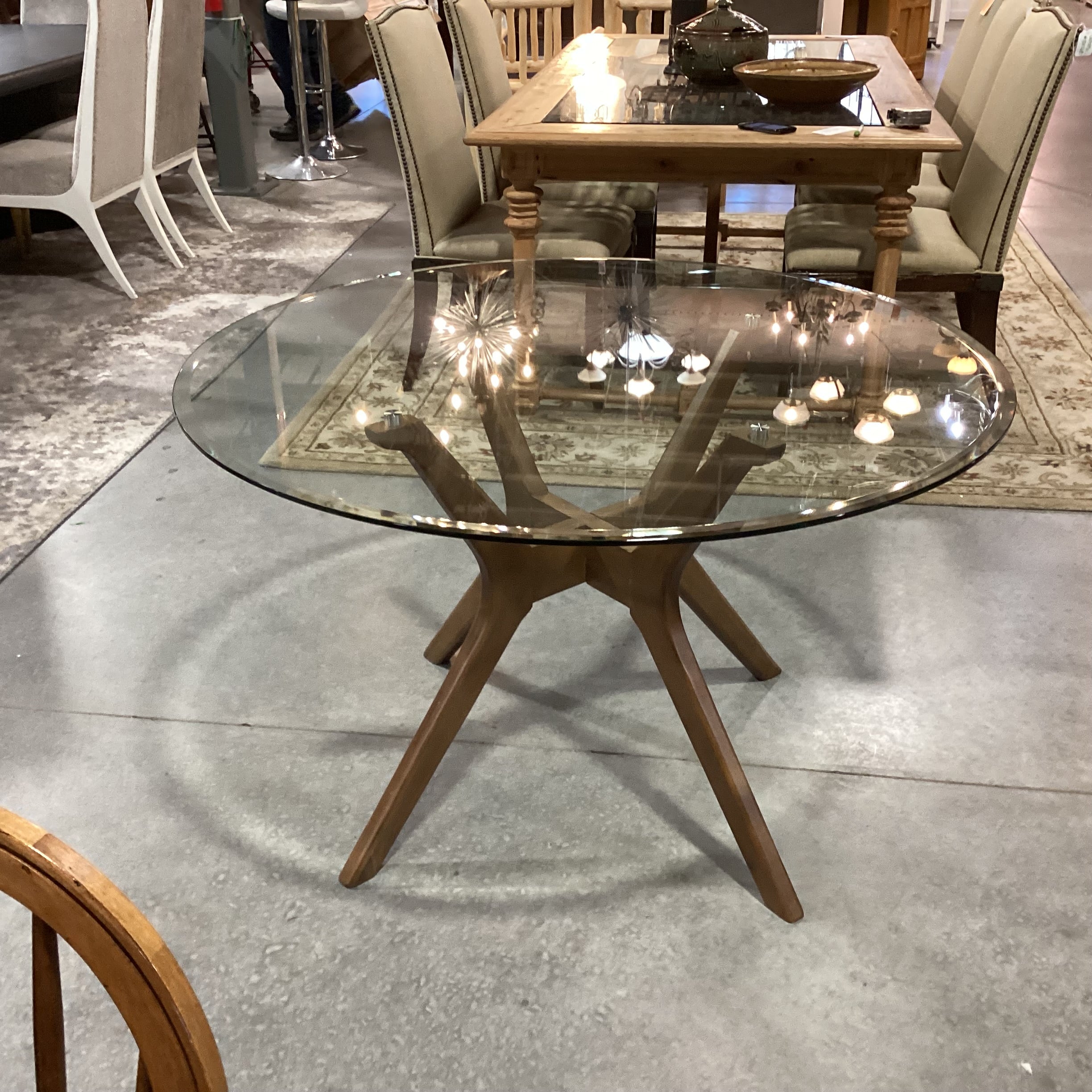 Mid Century Style Round Glass & Wood 4 Leg Pedestal Dining Table 48" Diameter x 30"