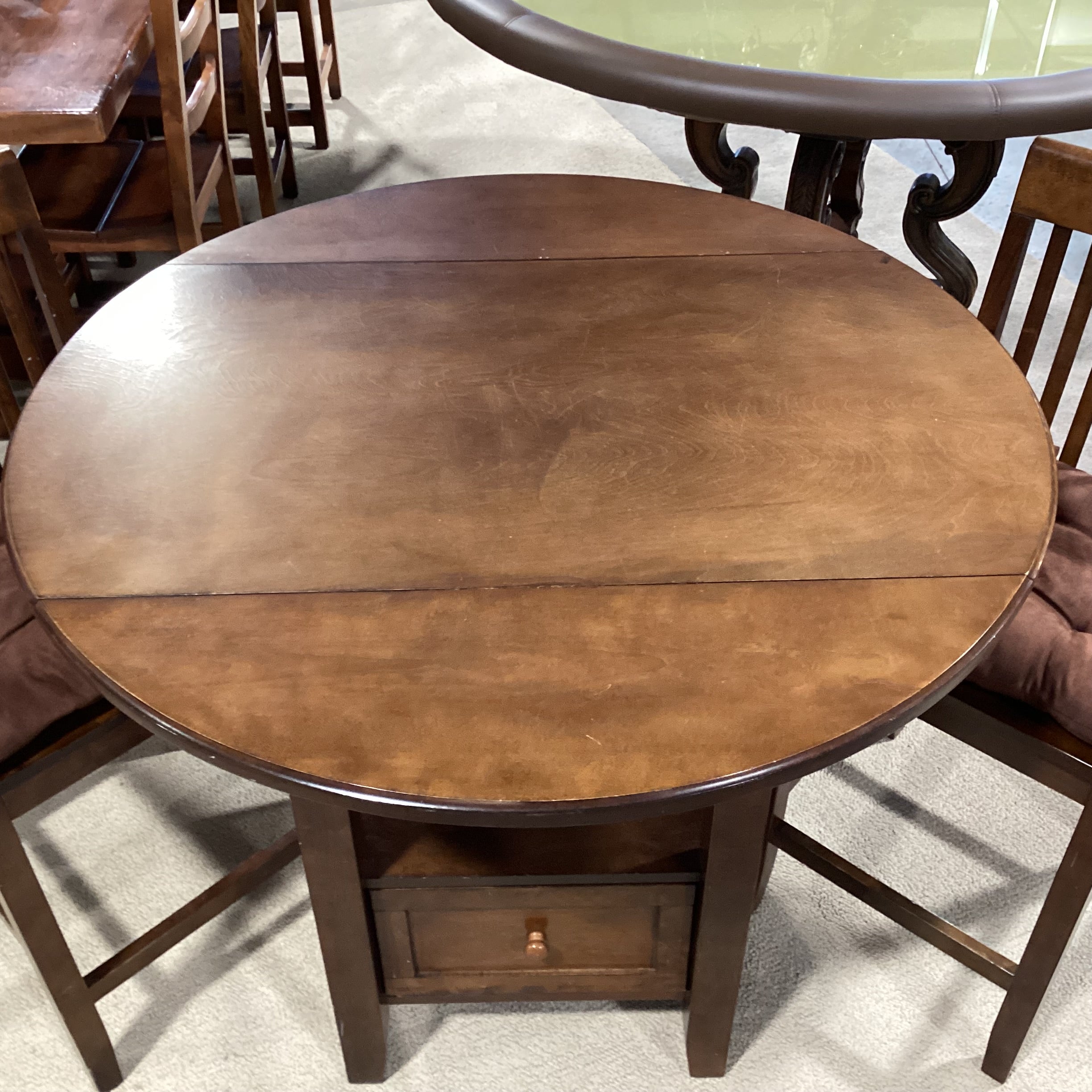 Finished Wood Round with Drop Sides & 1 Drawer Pub Height Table with 2 Barstools Dining Set 40" Diameter x 36"