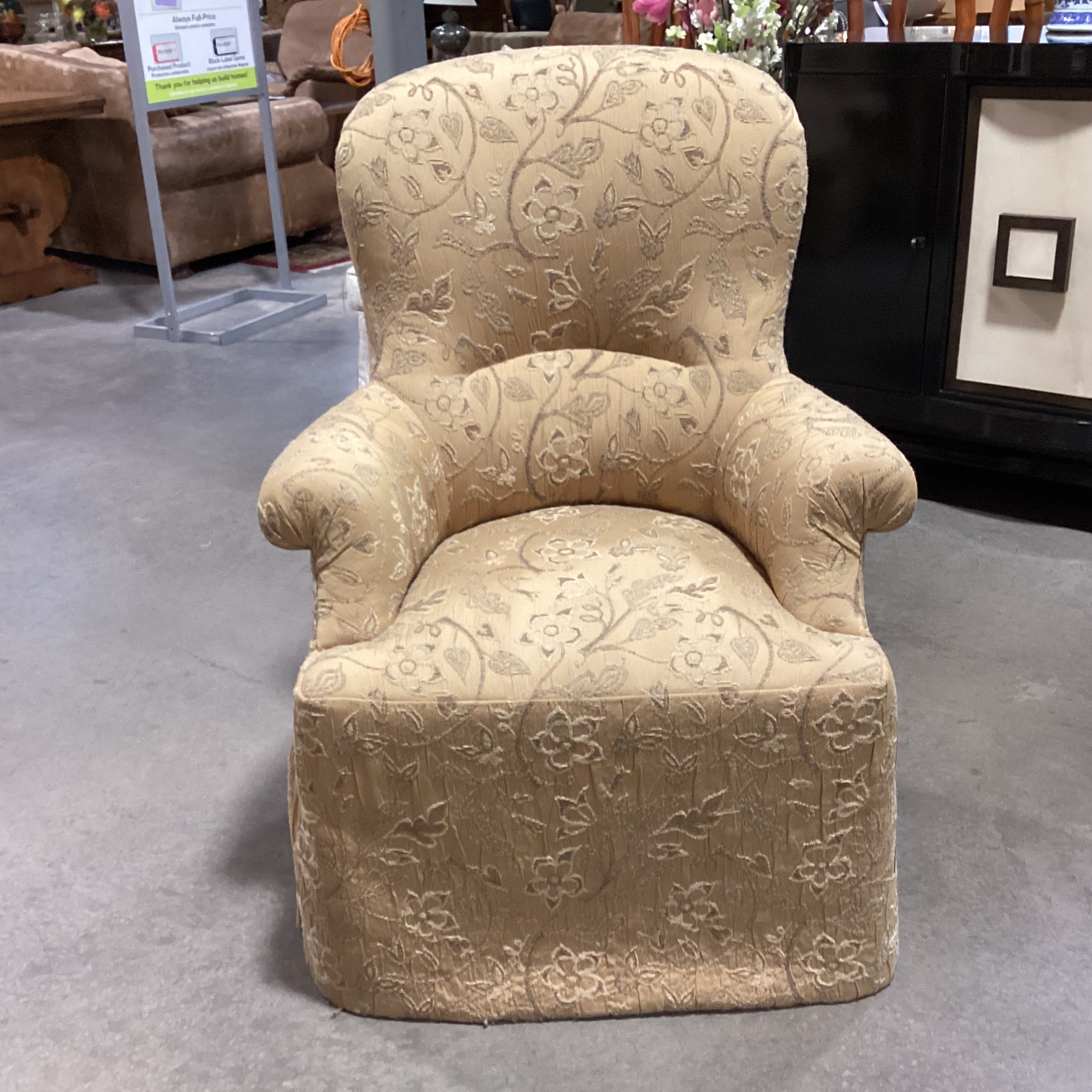 JJ Custom Gold & Taupe Raised Stitch Floral Chair 31"x 26"x 42"