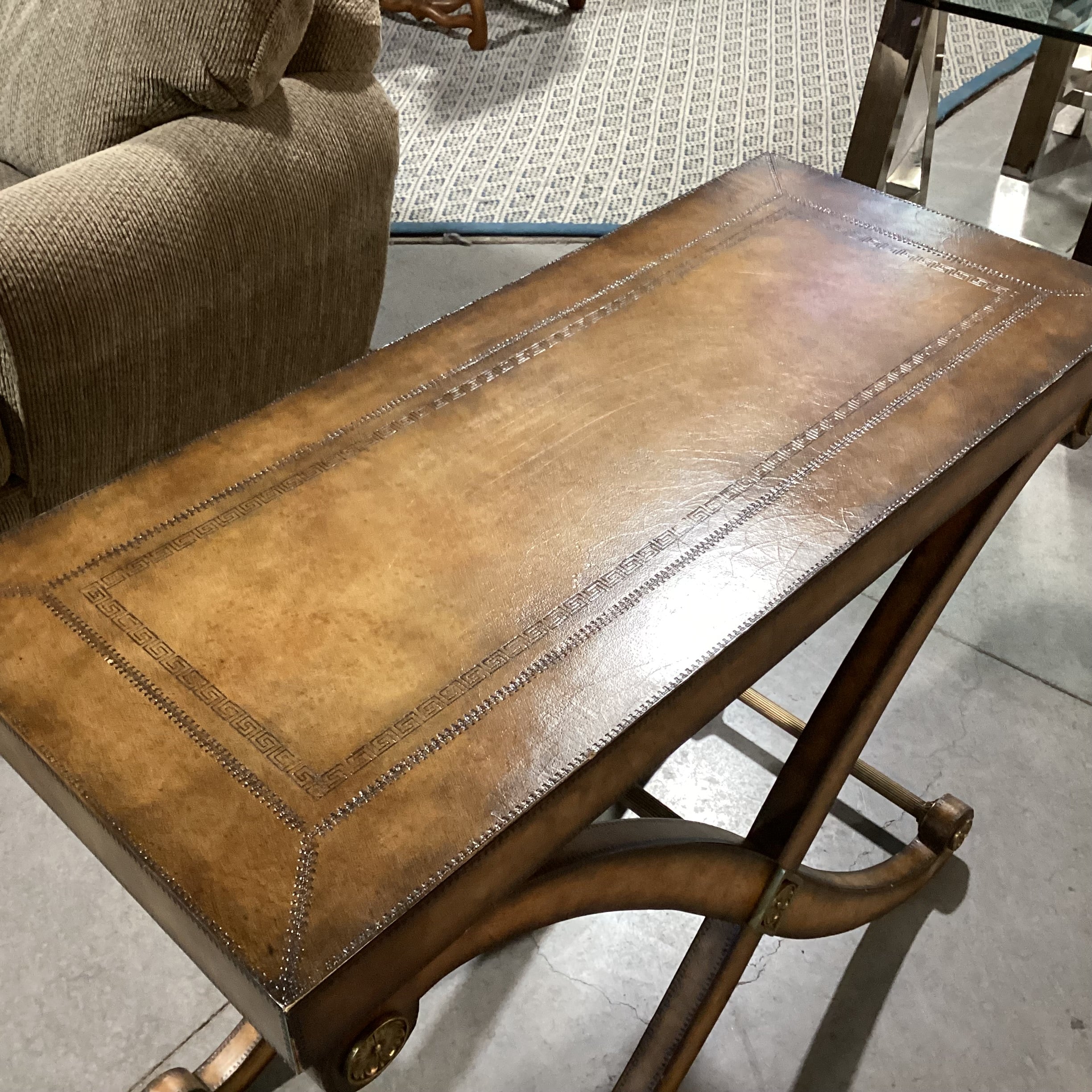 Kreiss Neoclassical Leather with Stitched Accent & X Base Antiqued Brass Stretches Console Sofa Table 40"x 18"x 32.5"