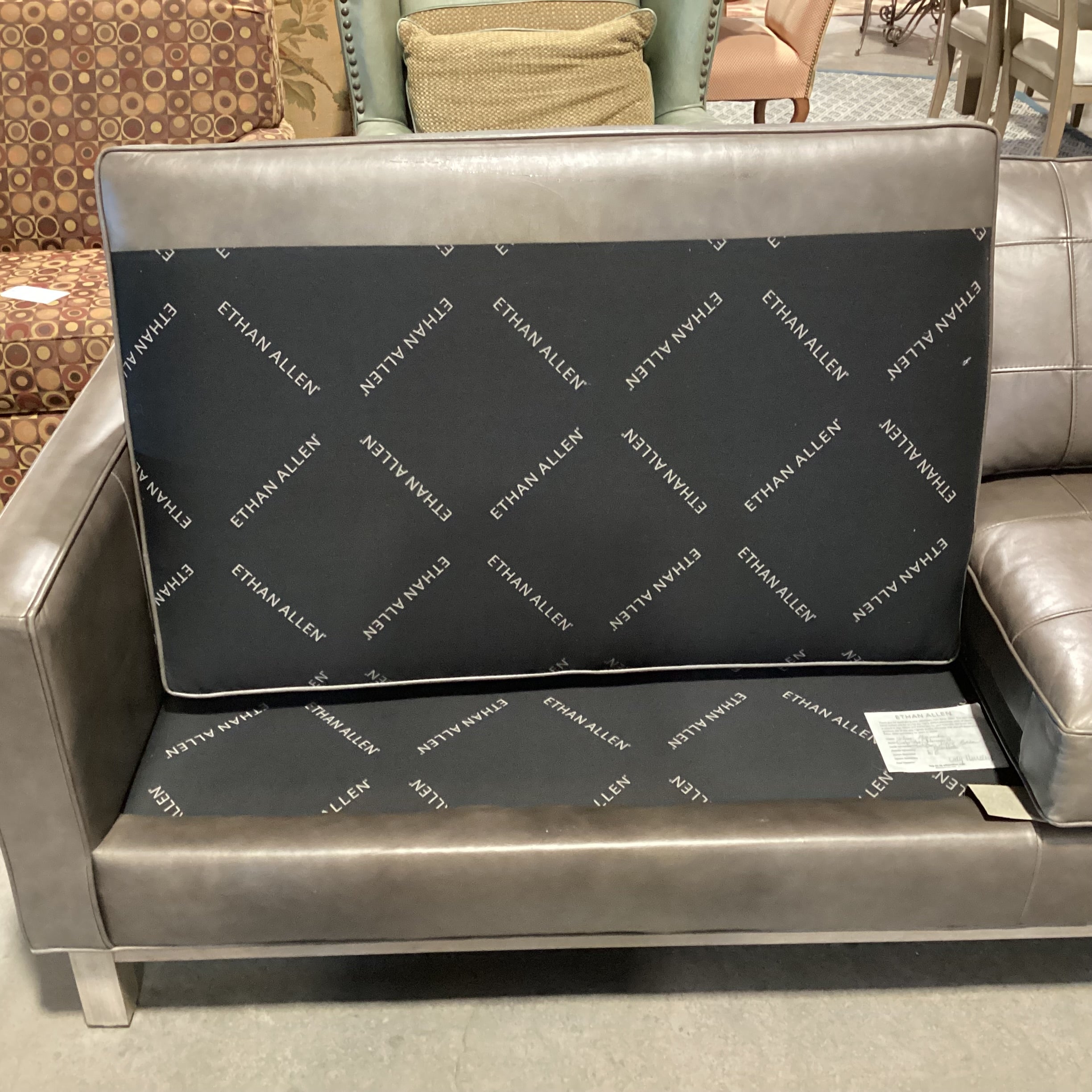 Ethan Allen Modern Grey Grid Stitched Leather Sofa 87"x 36"x 29"