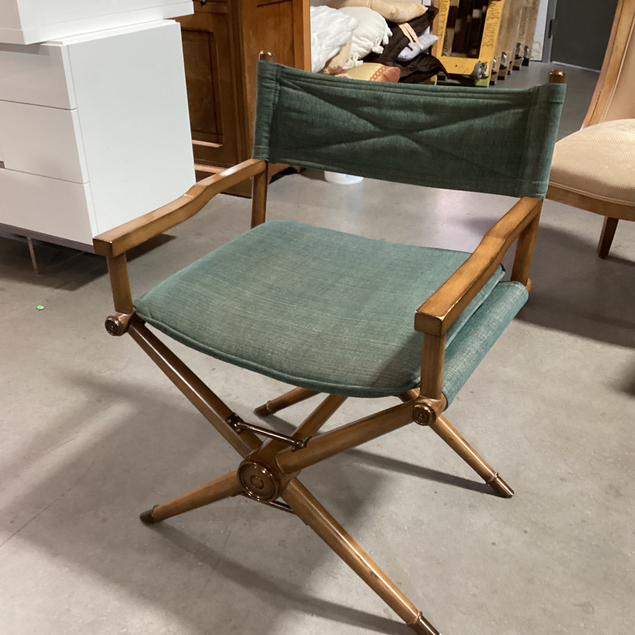 Vintage Kreiss Green Woven Finished Wood with Copper Finished Brass Accent Director Chair 26"x 24"x 33"