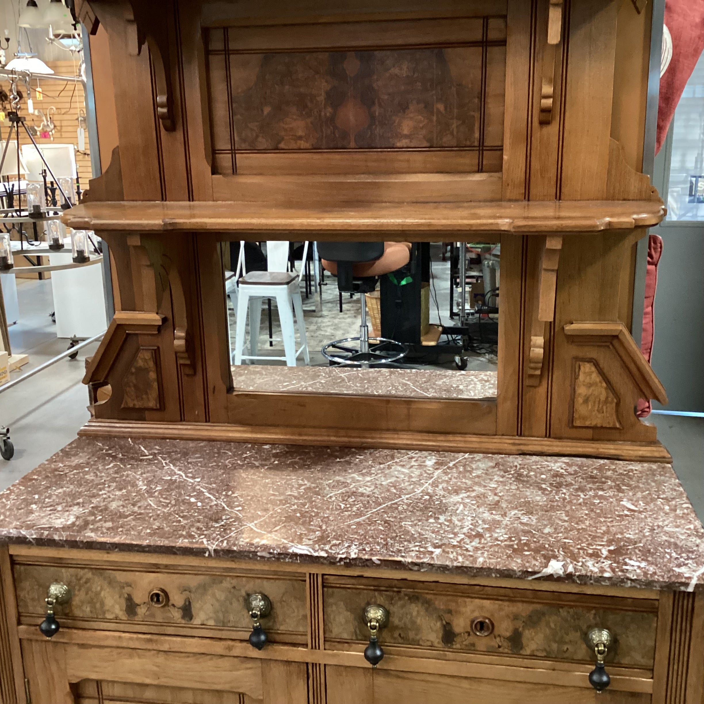 Antique Eastlake Style Carved Wood & Burl Veneer Marble Top with Mirror & Shelves 2 Piece Sideboard 46"x 19"x 85"