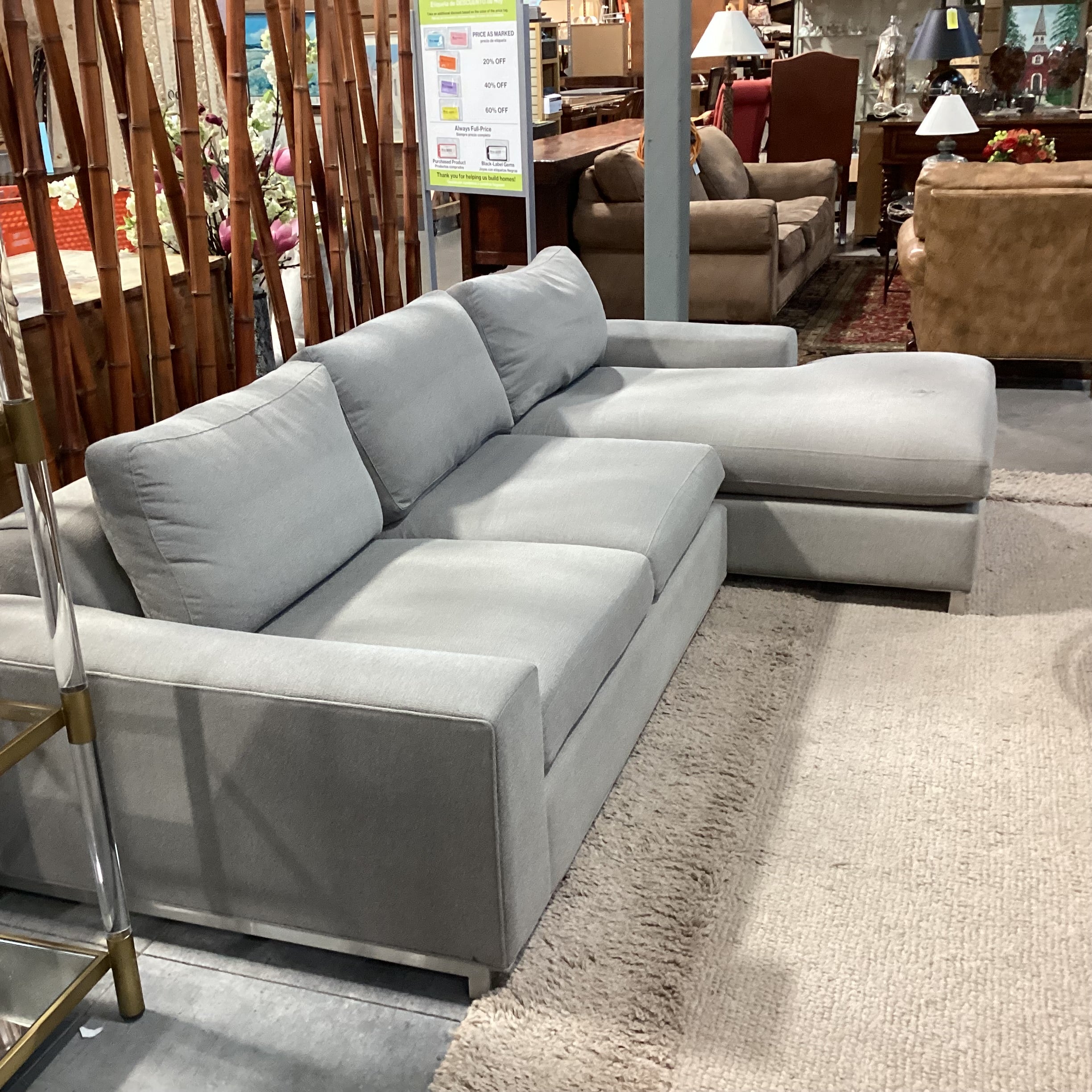 Room & Board Grey Woven 2 Piece with Chaise Modern Sectional 106"x 65"x 42"x 24"