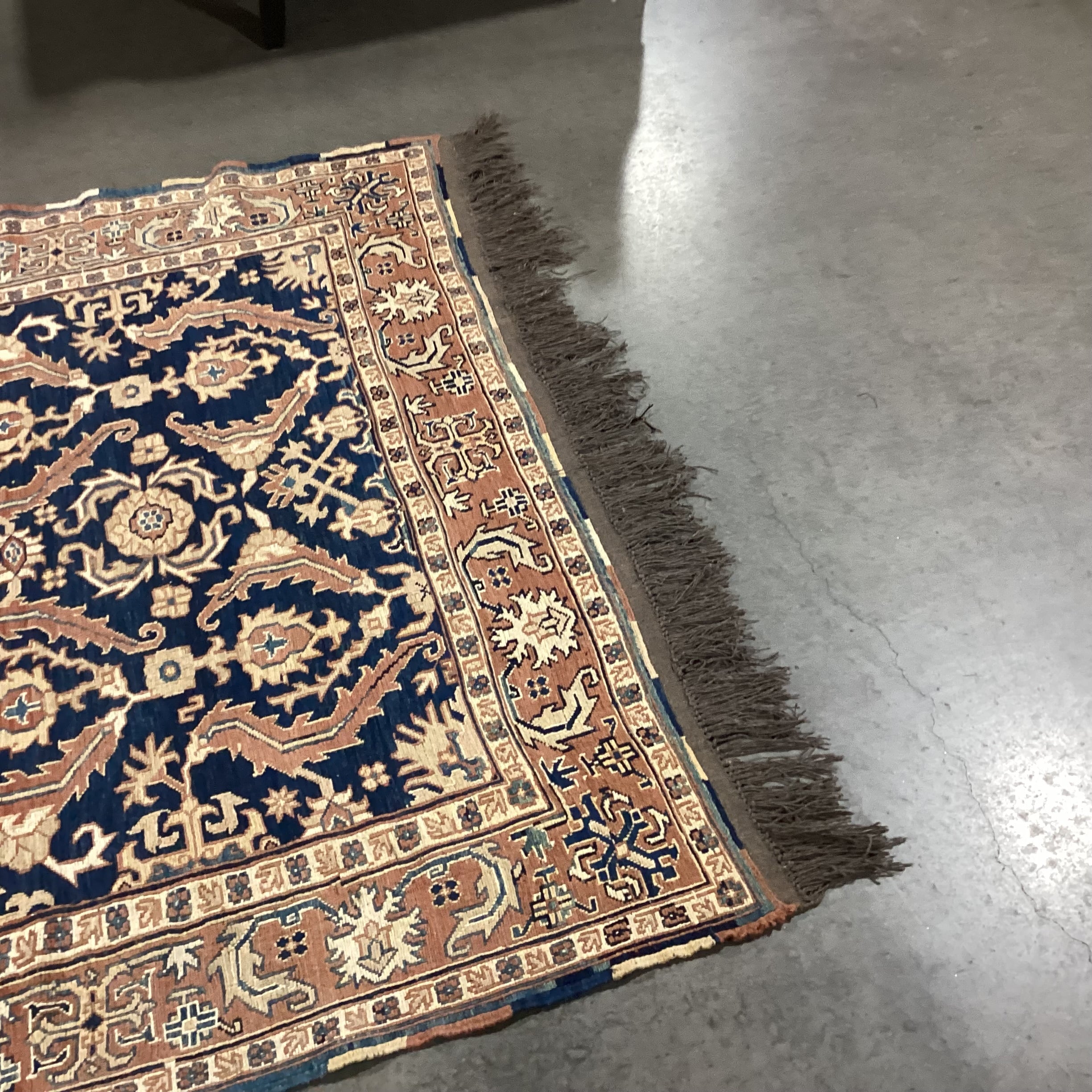 Vintage Antique Terracotta & Blue Hand Woven Wool Rug 4'9"x 7'