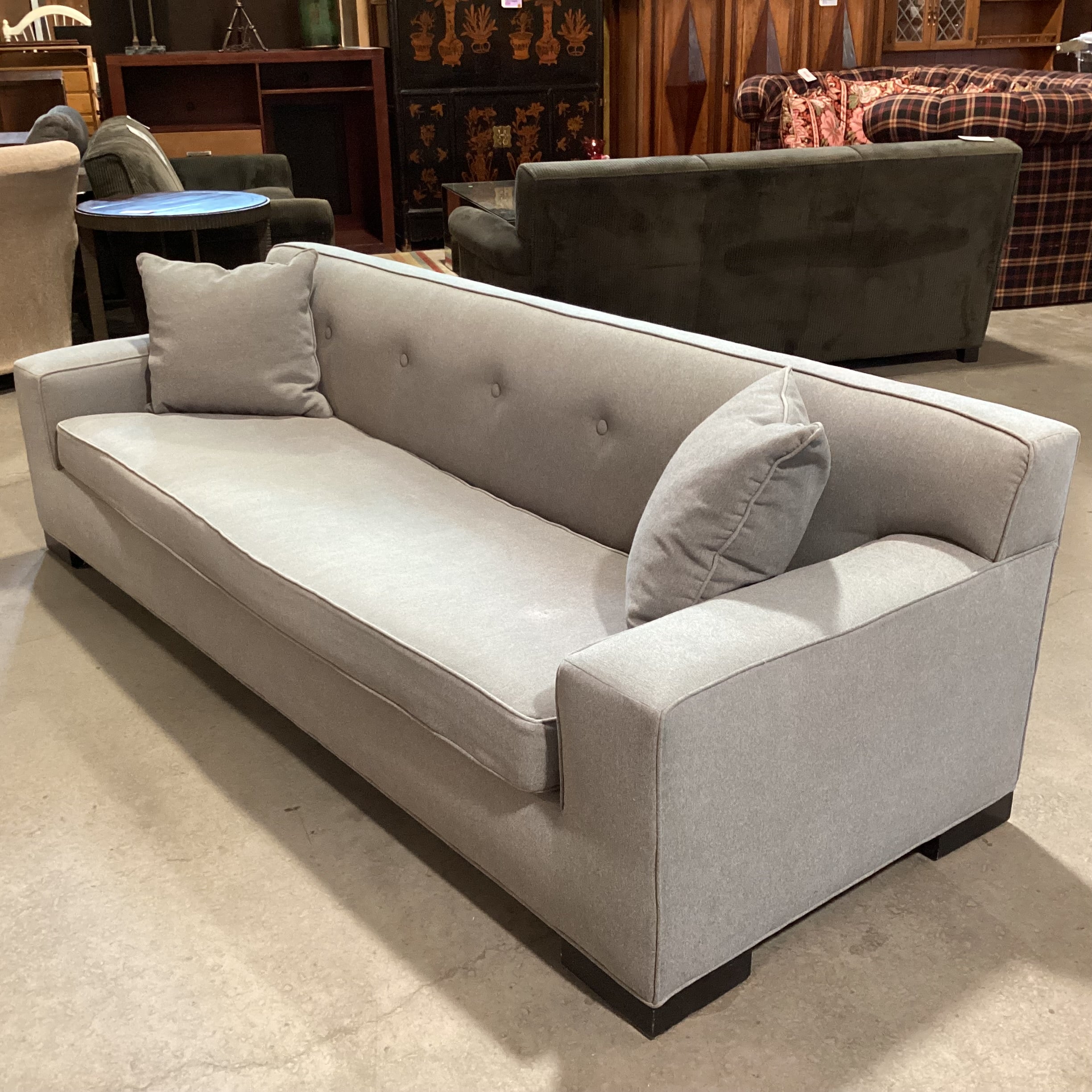 Mid Century Modern Style Blue Grey Wool Button Tufted Back Long Sofa 98"x 36"x 30"