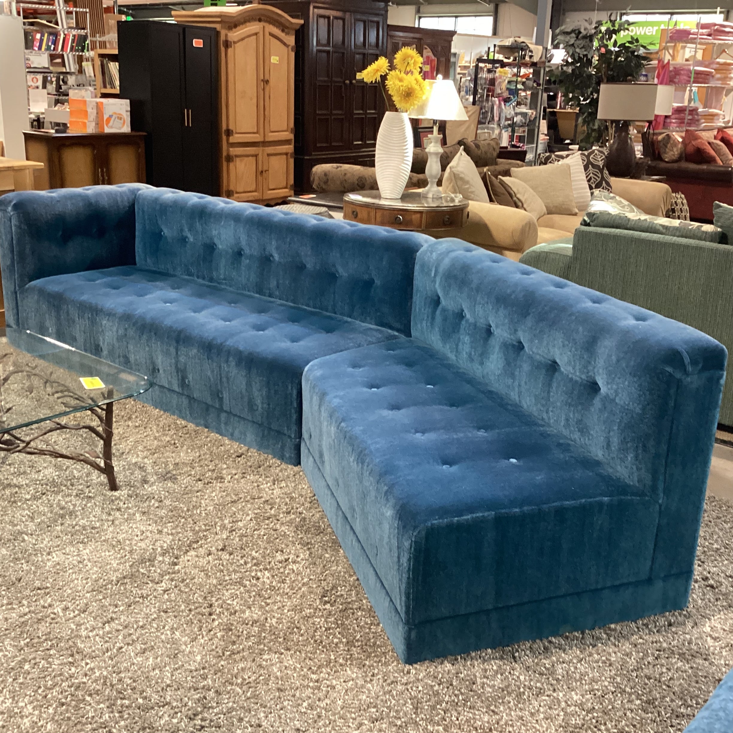 Custom Blue Teal Mohair with Button Tufting 2 Piece Angled Sectional 142"x 35"x 32"