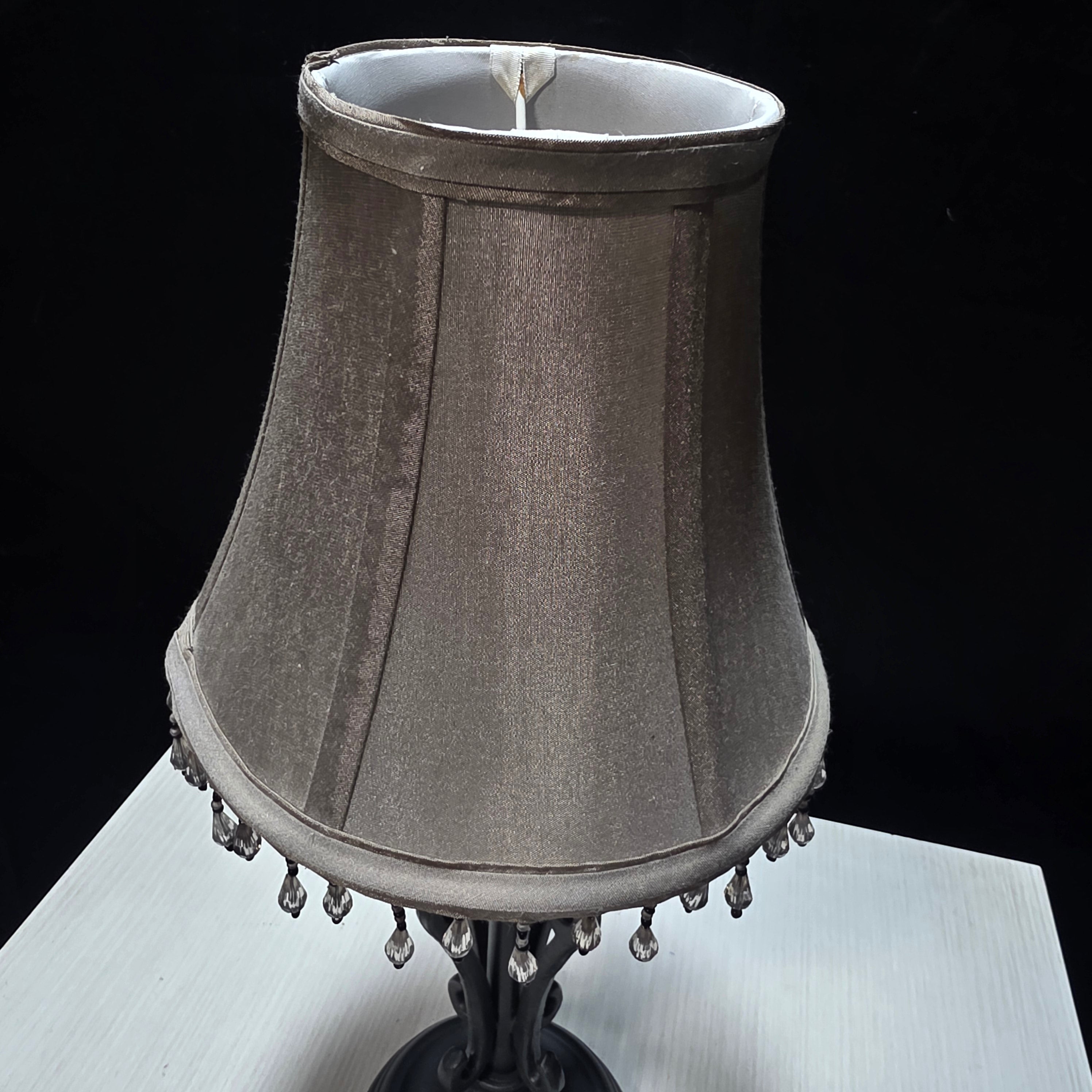 Vintage Metal Scroll Design Table Lamp Tan Beaded Shade 8"Dx17"