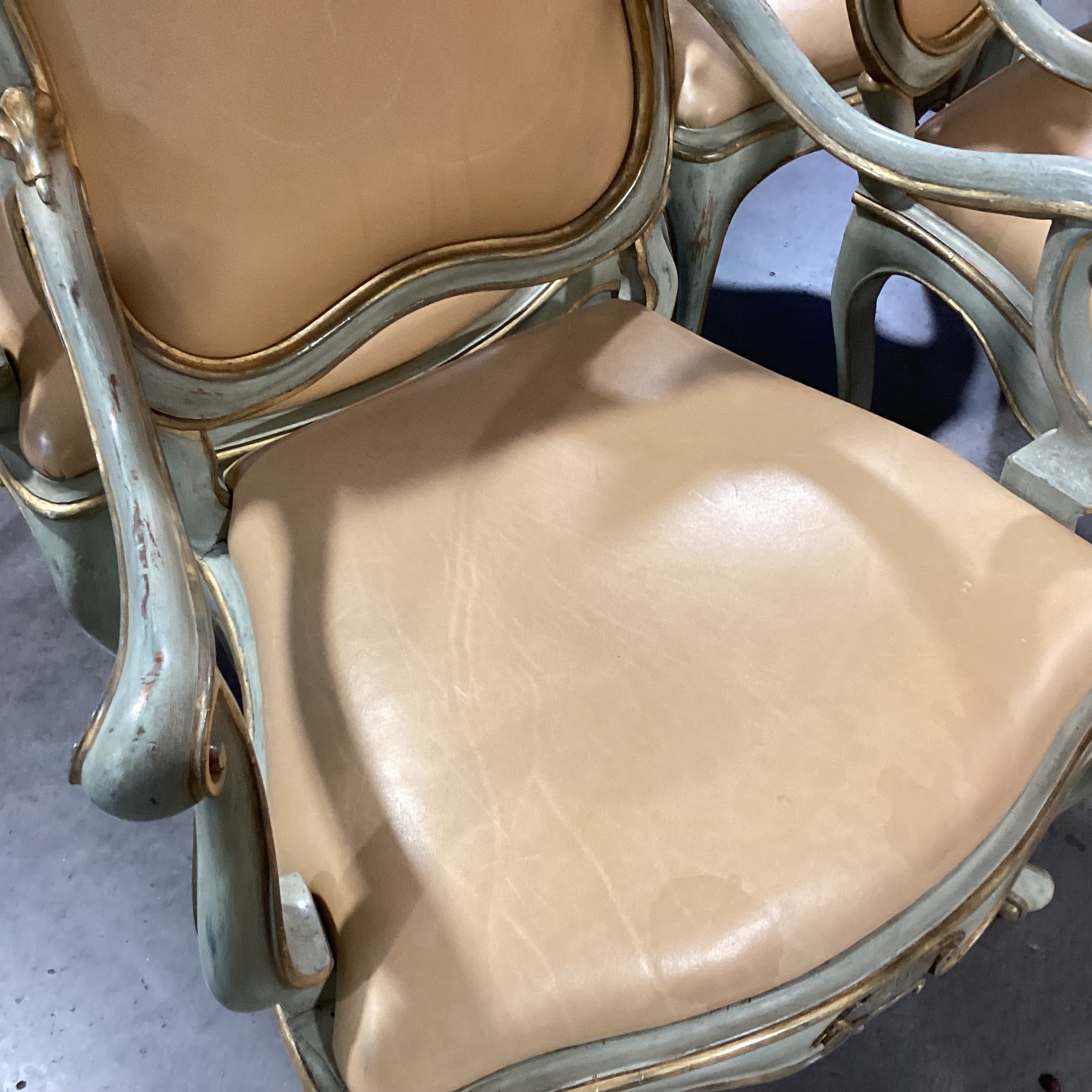 SET of 4 French Provincial Ornate Carved Wood with Gilded Accent & Leather Dining Chairs 26"x 26"x 42"