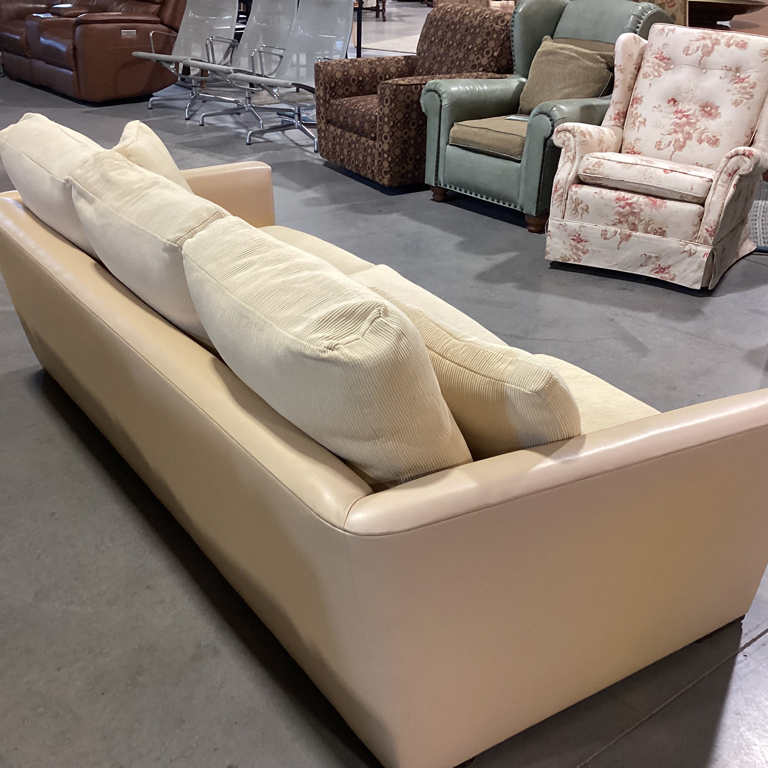 Gina B Custom Blonde Leather & Ribbed Upholstery Down Mix Sofa 90"x 42"x 26"