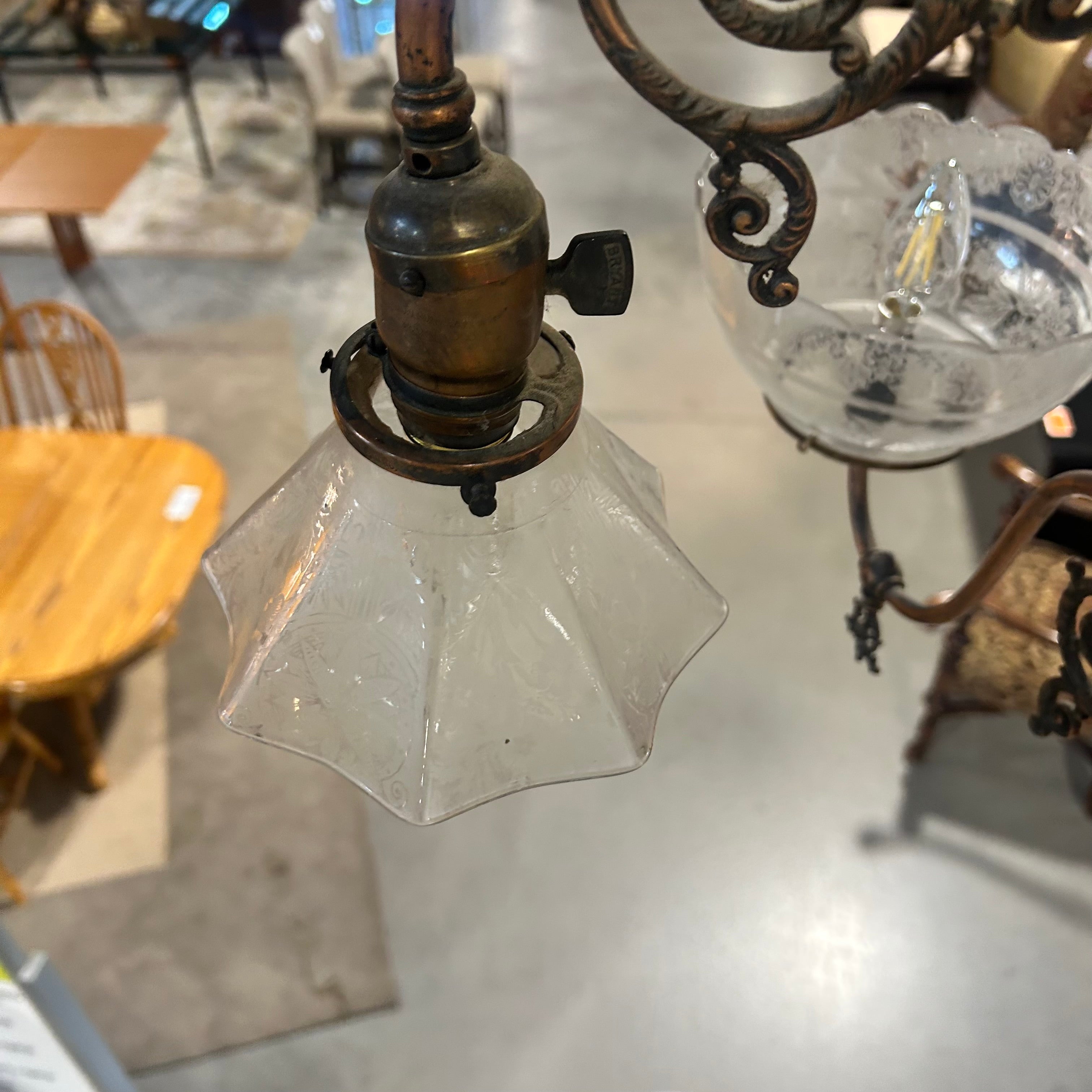 Eastlake Victorian Style Copper 6 Light Etched Glass Earl 1900s Pendant 27"x 43"