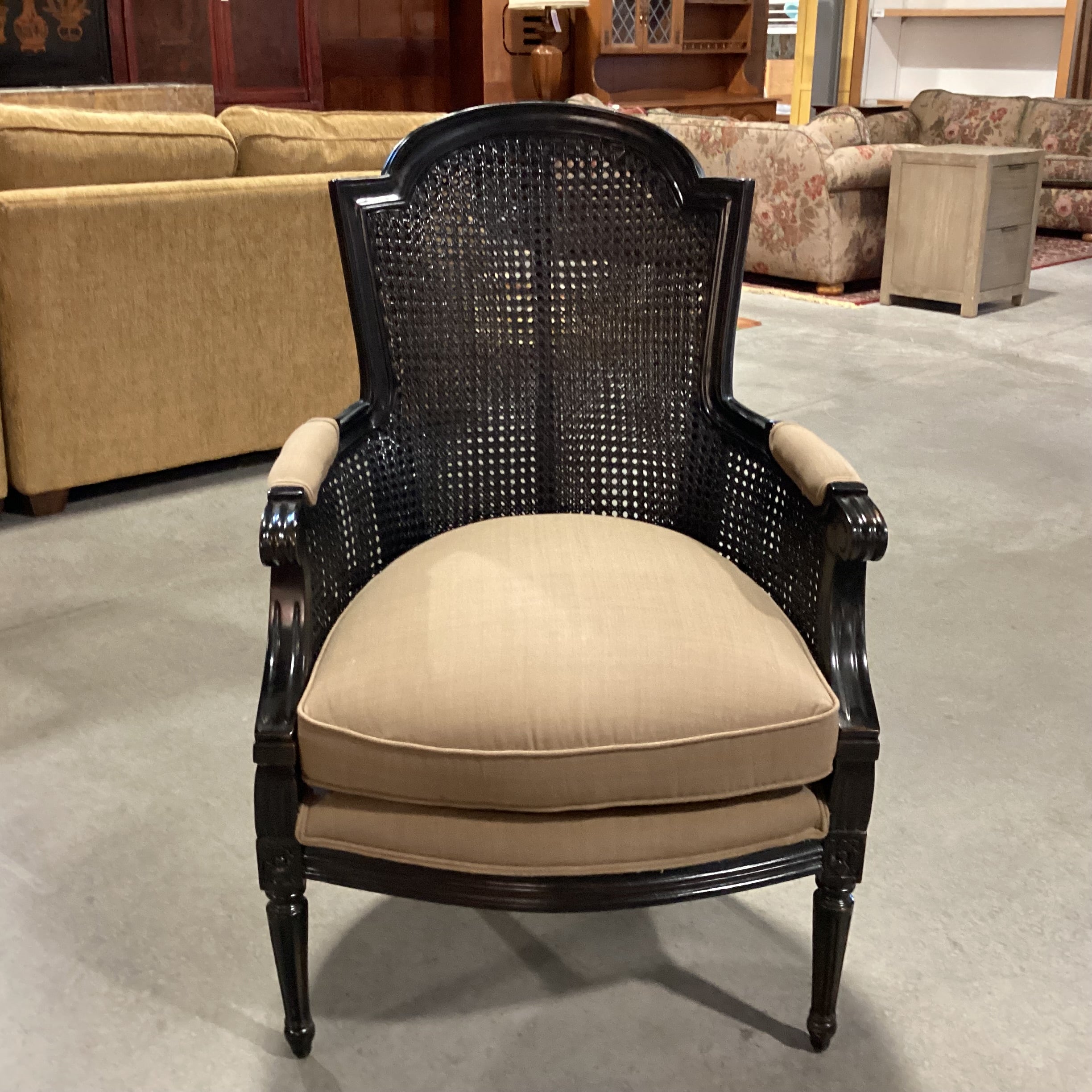 Black French Caning & Carved Wood with Taupe Brown Down Mix Upholstered Chair 26"x 24"x 40"
