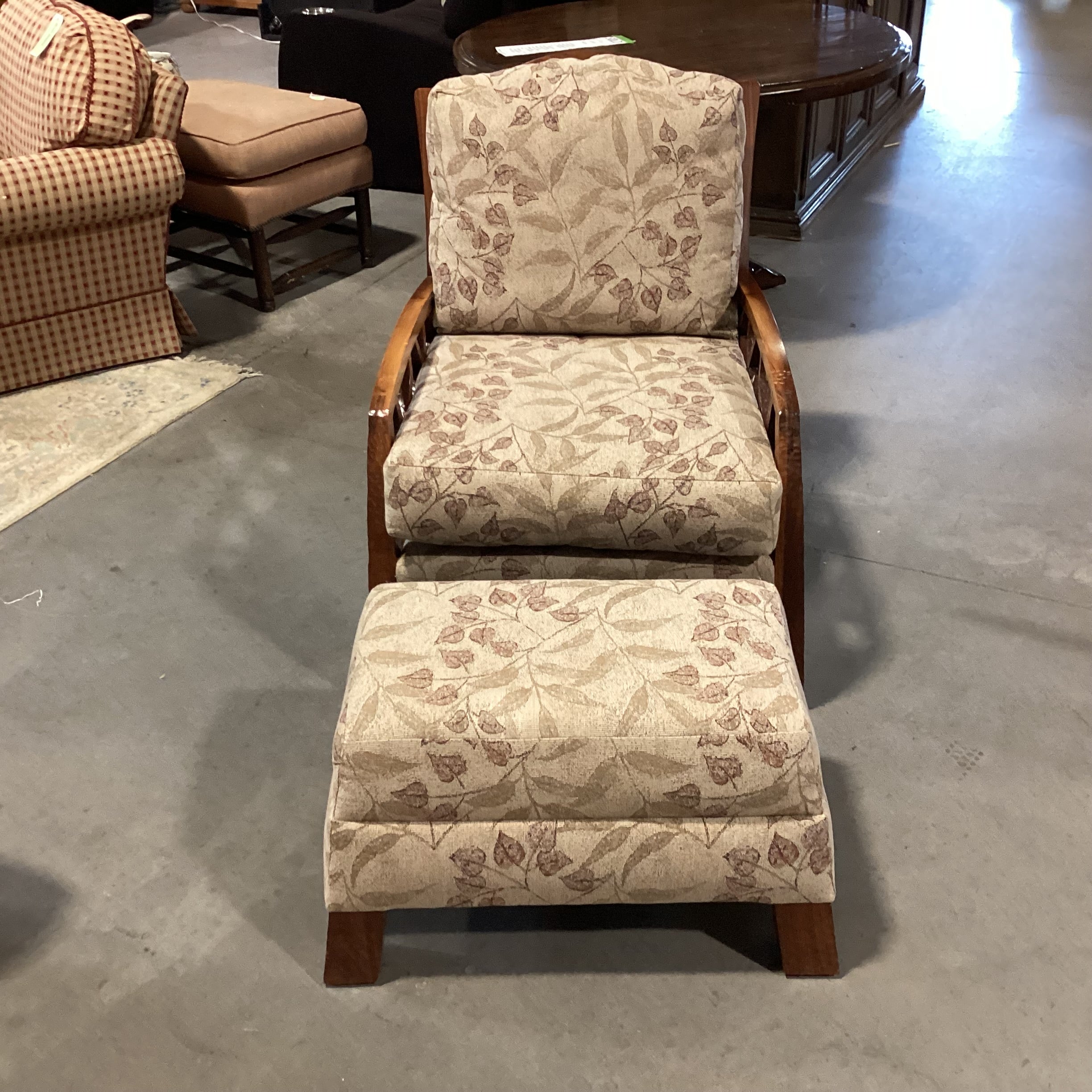 Arts & Crafts Style Carved Wood Divet & Branch Detail Brown & Tan Leaf Upholstered with Ottoman Chair 27"x 38"x 36"