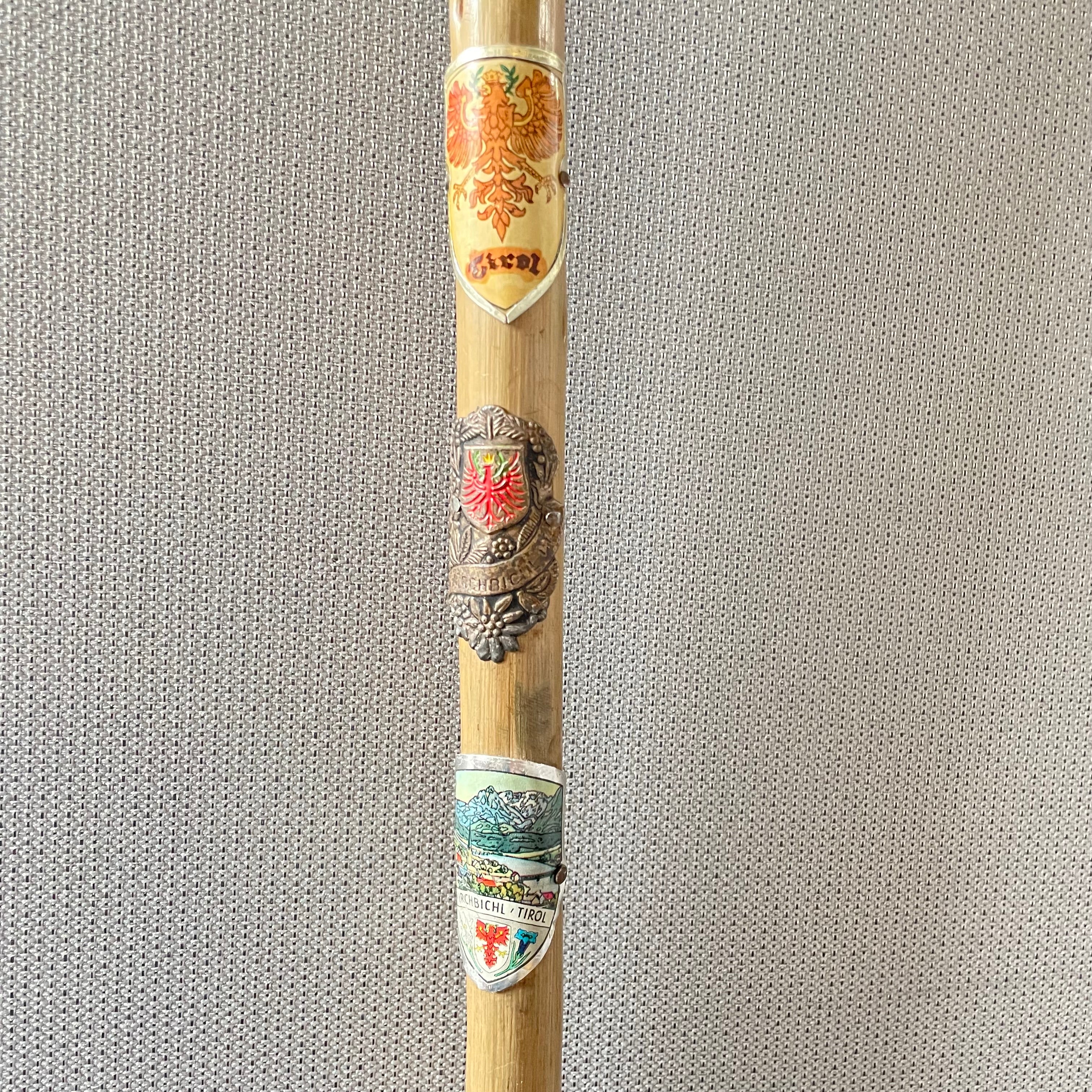 Antique German Wooden Hiking Cane with 6 Badges, 35"