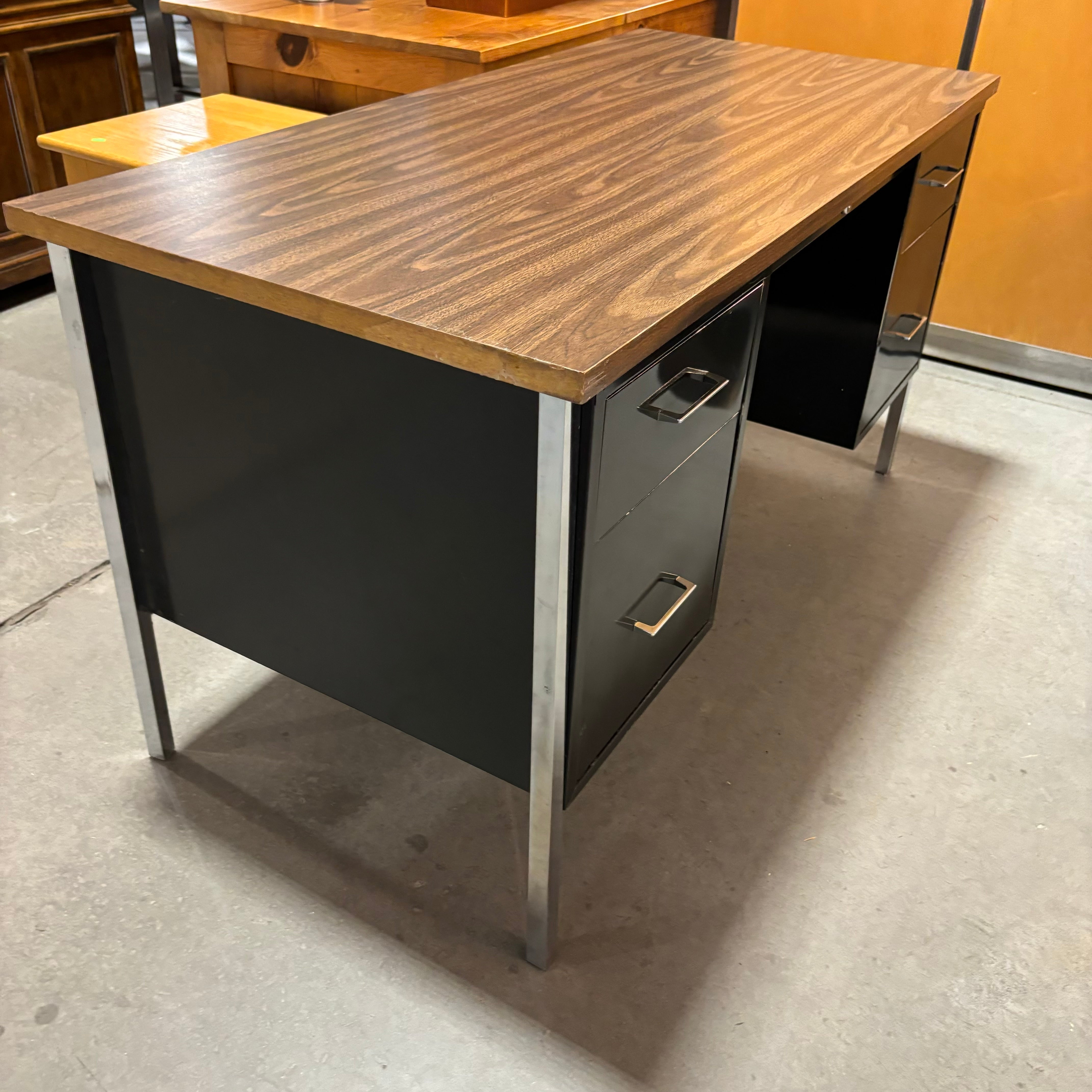 Dark Wood Veneer & Black Steel Base 4 Drawer with Center Pullout Desk 55"x 26"x 29"