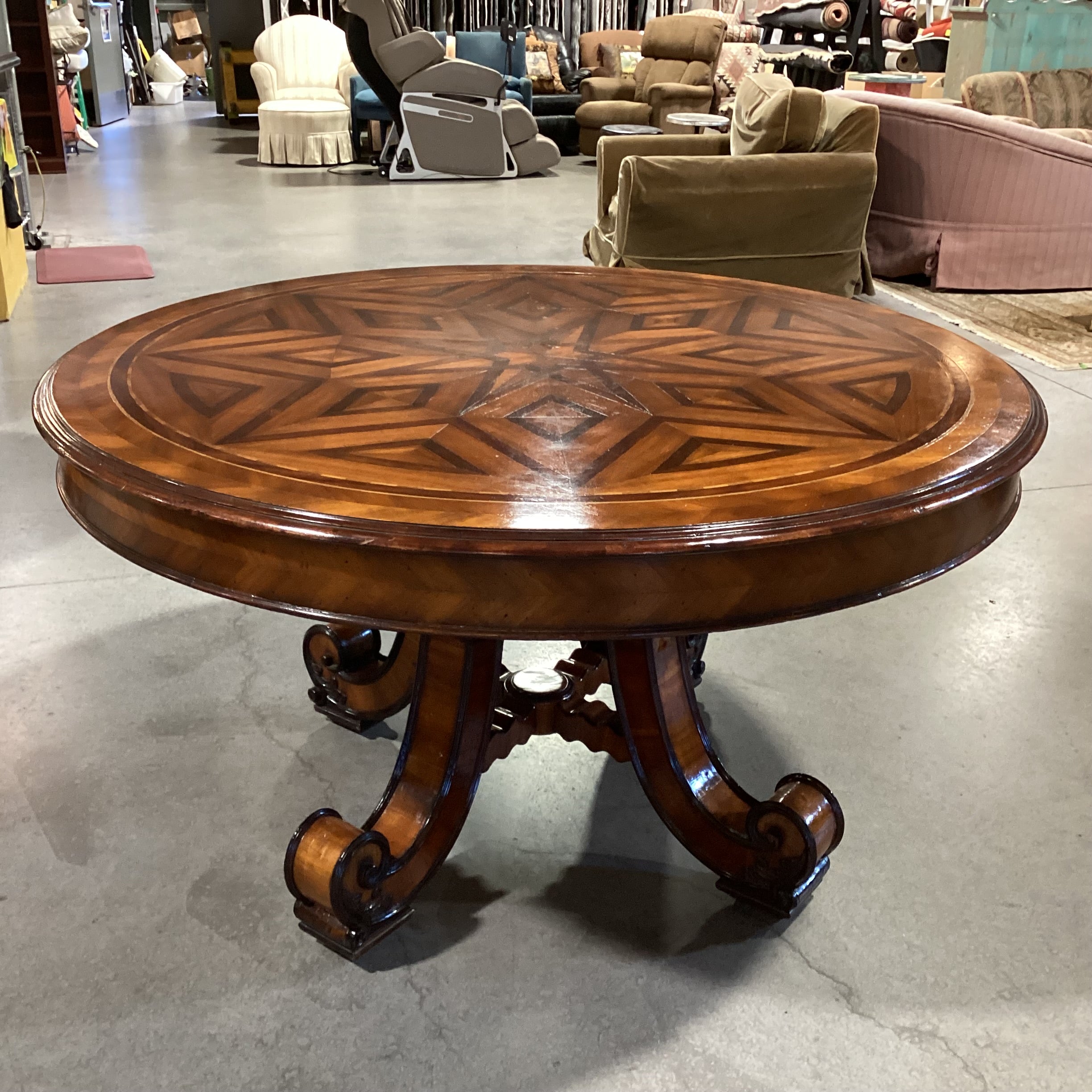 Alfonso Marina Ebanista Ornate Carved & Inlay Wood with Pedestal Round Accent or Dining Table 56" Diameter x 30.5"