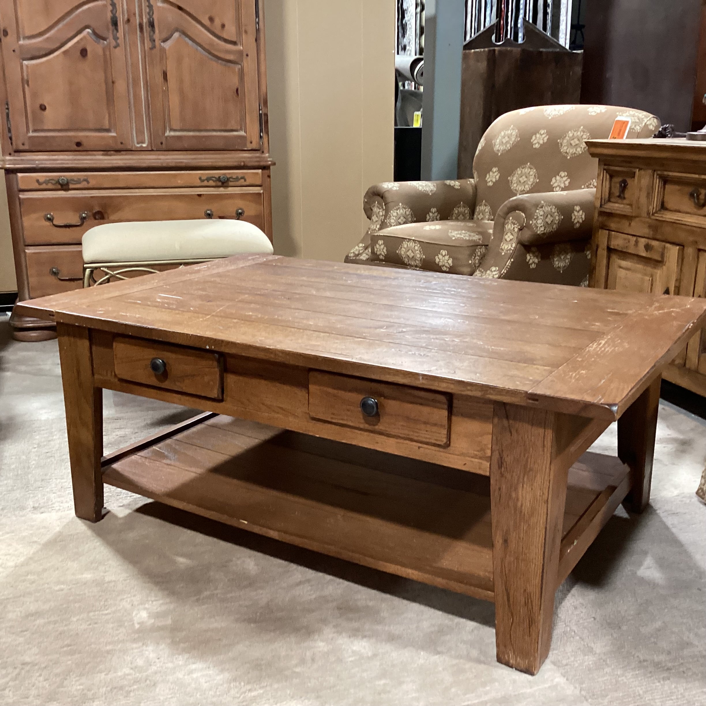 Attic Heirlooms by Broyhill Distressed Finish Wood 2 Drawer with Bottom Shelf Coffee Table 50"x 32"x 19.5"