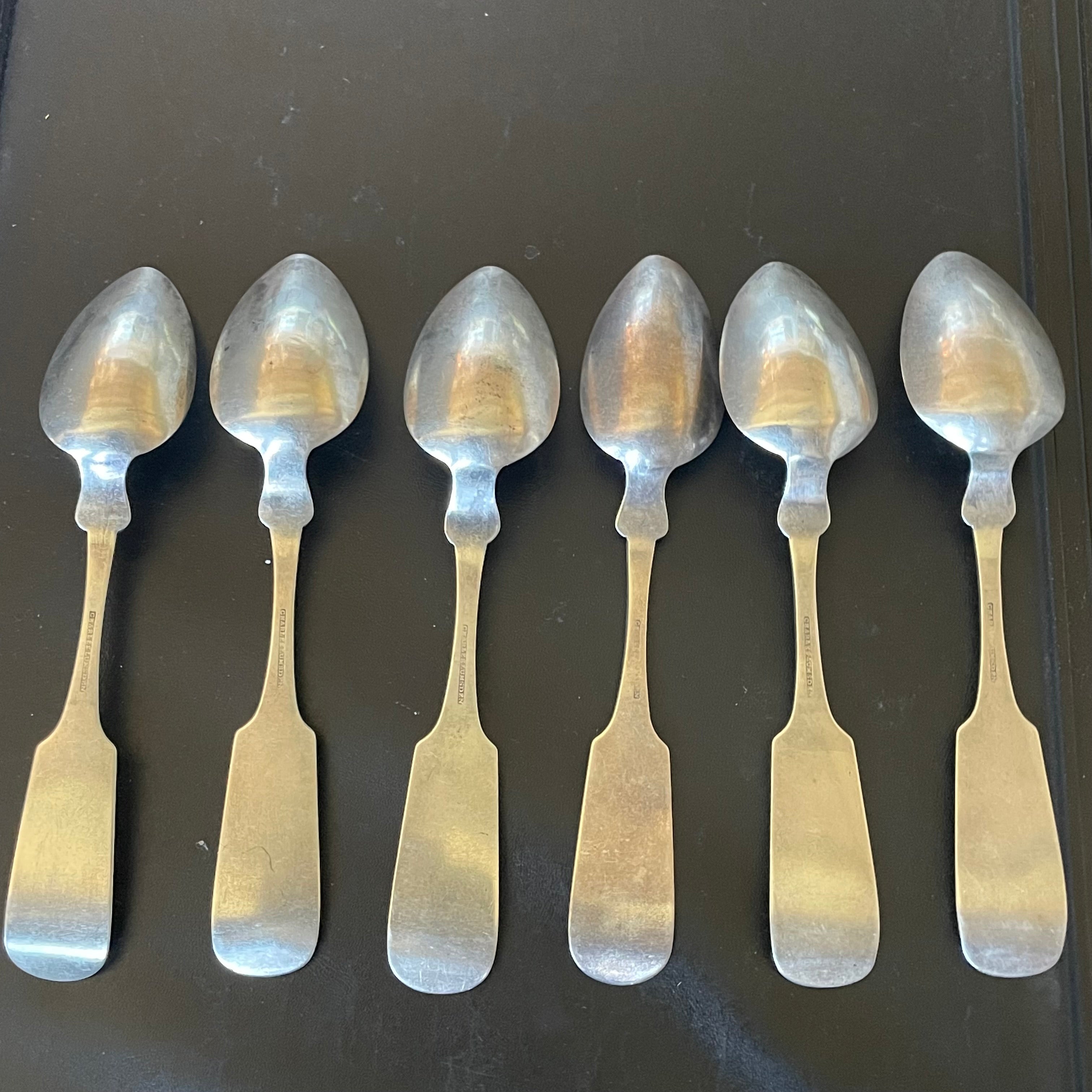 Set of 6 Antique Coin Silver Fiddleback Teaspoons, Made by Charles Lumsden 1830's